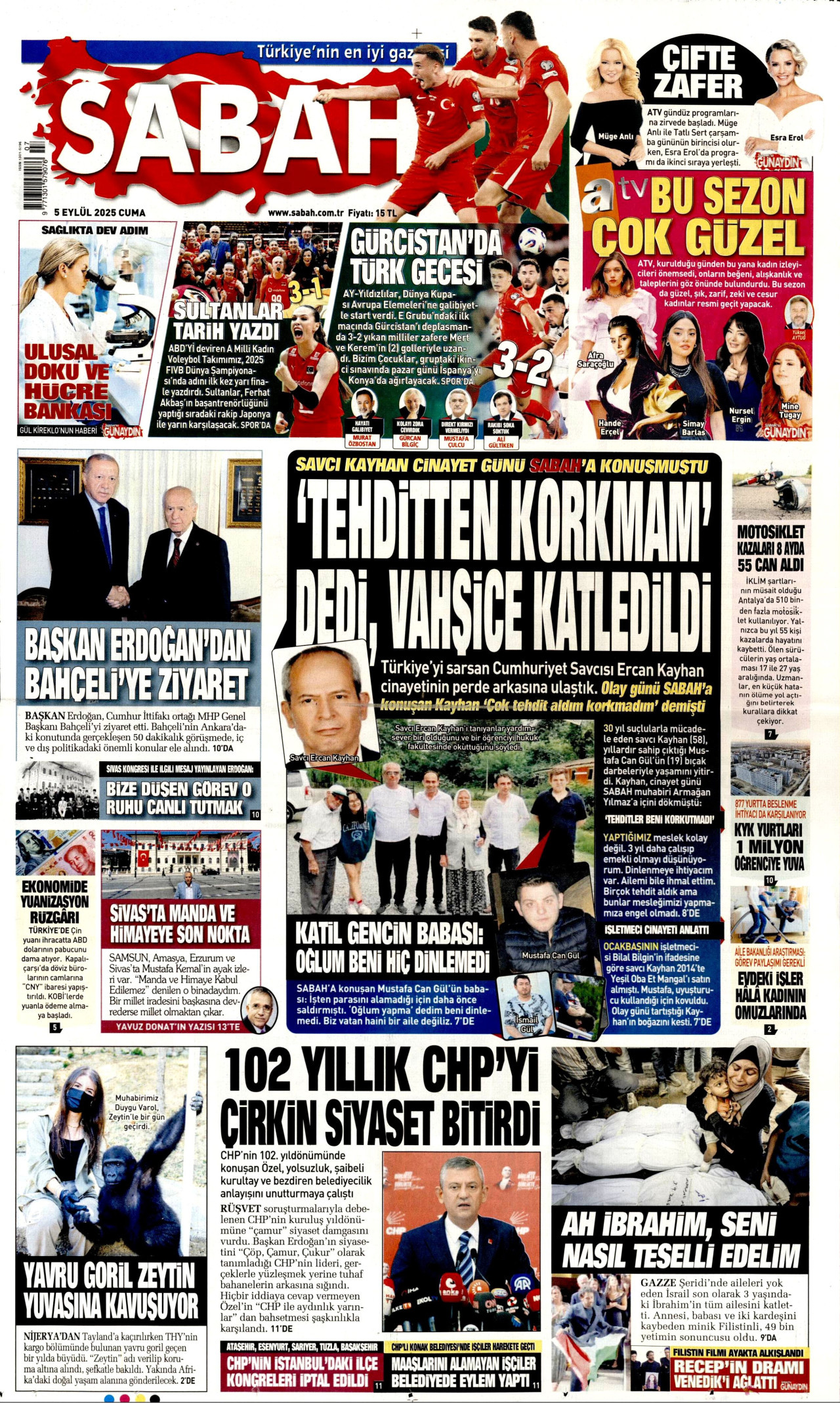 SABAH gazetesinin 5 Eylül 2025 tarihli birinci sayfası