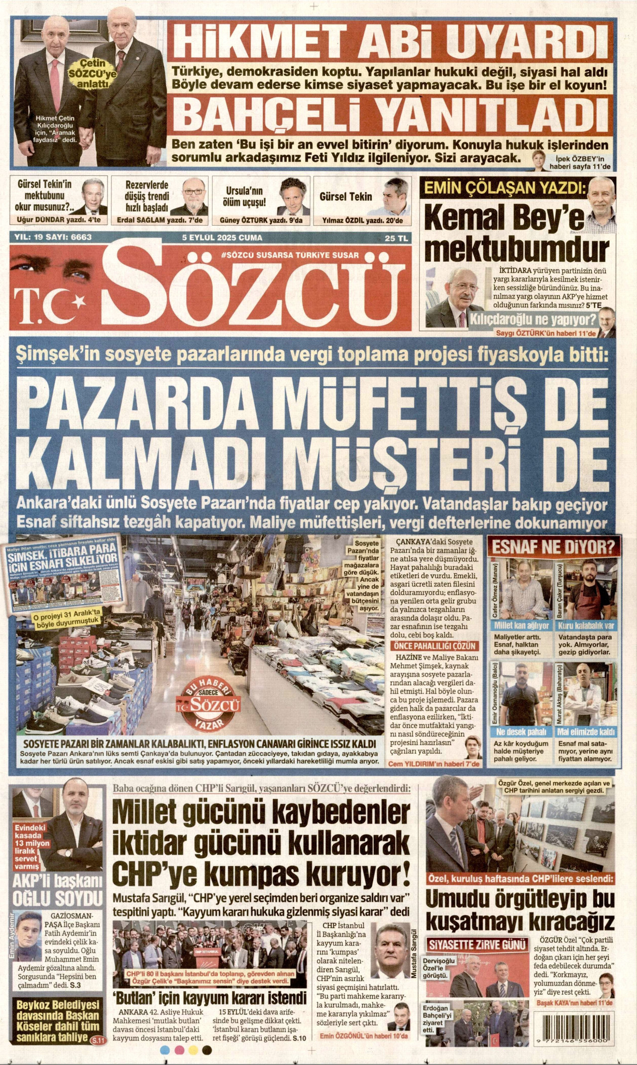 SÖZCÜ gazetesinin 5 Eylül 2025 tarihli birinci sayfası