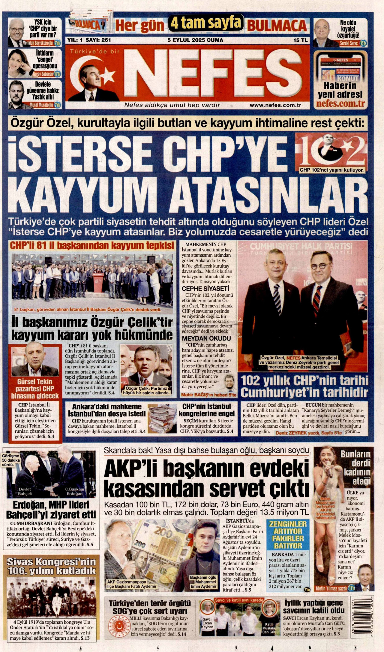 NEFES gazetesinin 5 Eylül 2025 tarihli birinci sayfası