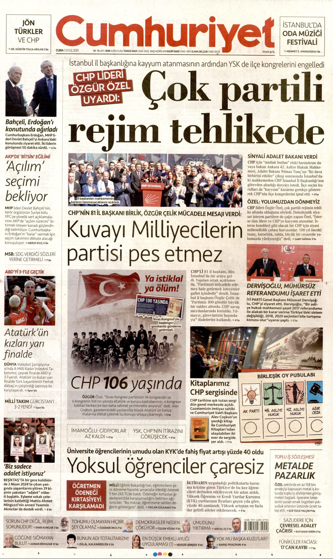 CUMHURİYET gazetesinin 5 Eylül 2025 tarihli birinci sayfası
