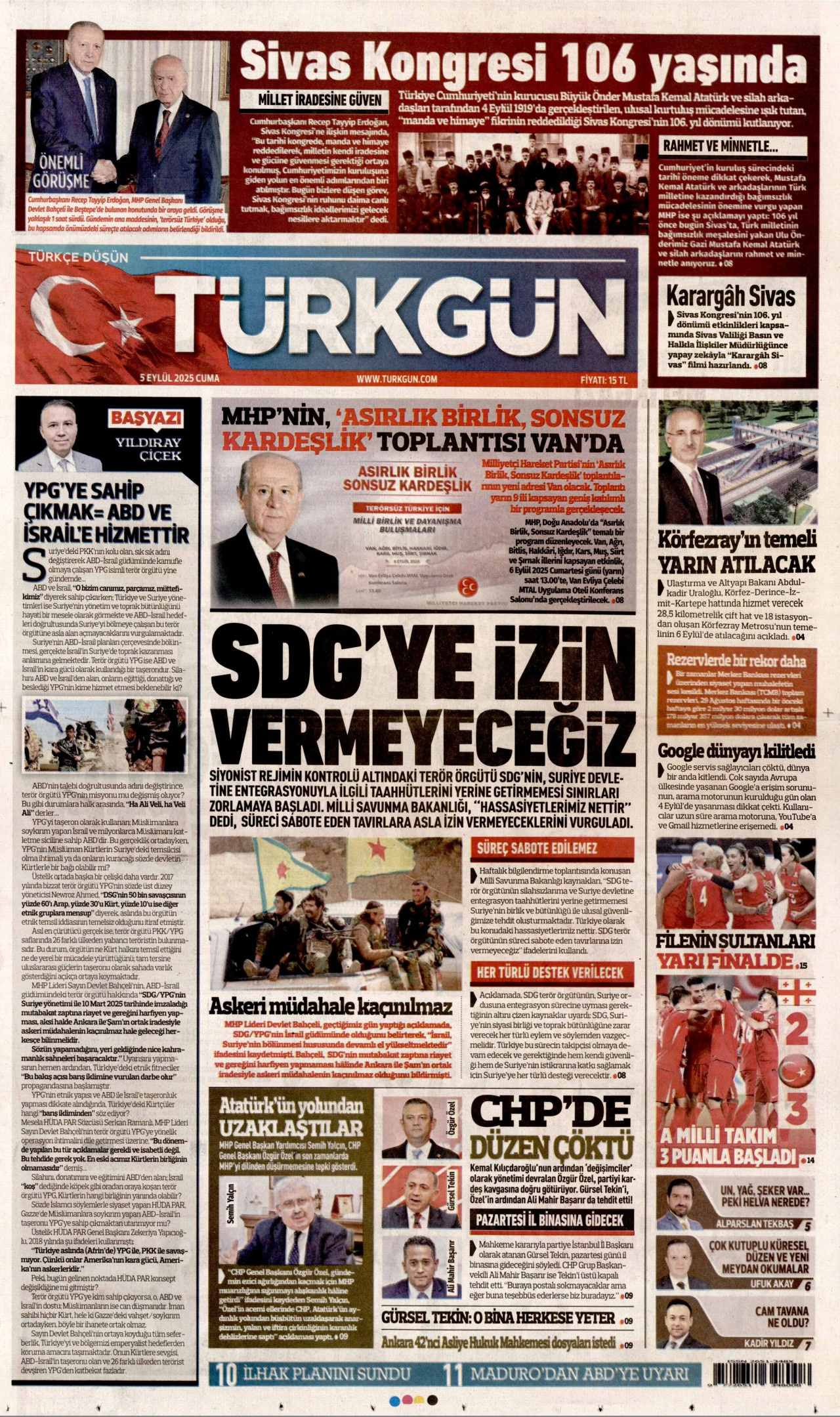 TÜRKGÜN gazetesinin 5 Eylül 2025 tarihli birinci sayfası