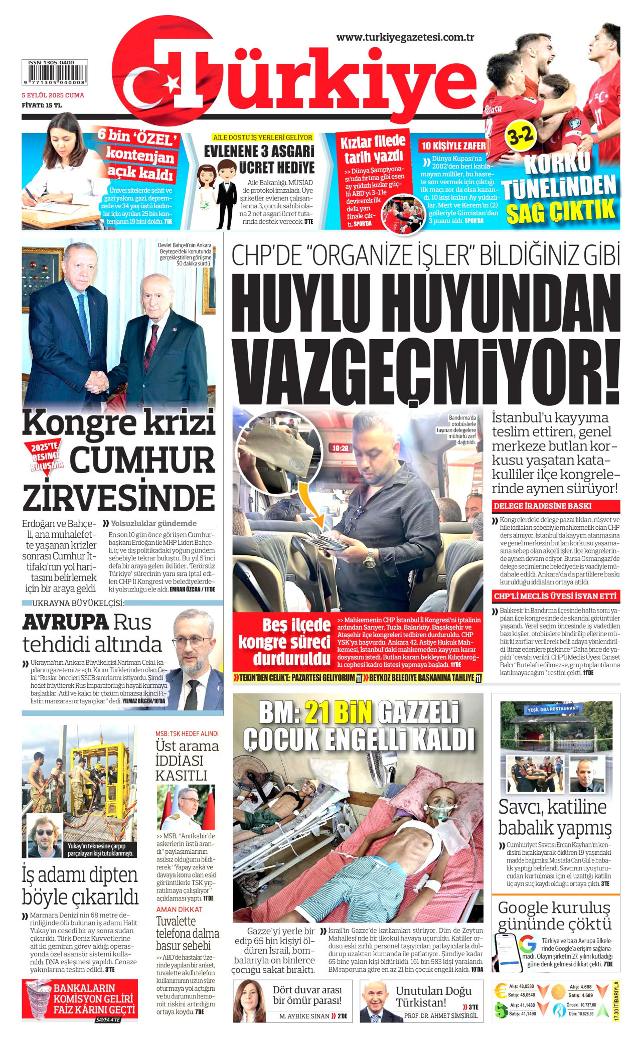 TÜRKİYE GAZETESİ gazetesinin 5 Eylül 2025 tarihli birinci sayfası