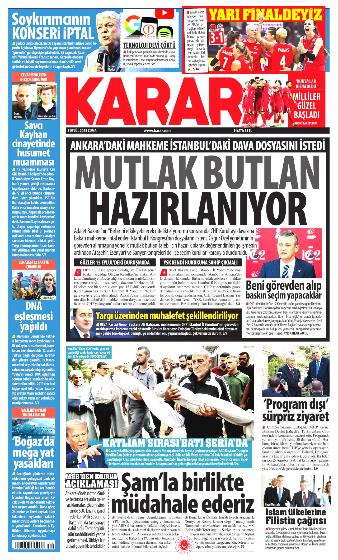 KARAR gazetesinin 5 Eylül 2025 tarihli birinci sayfası