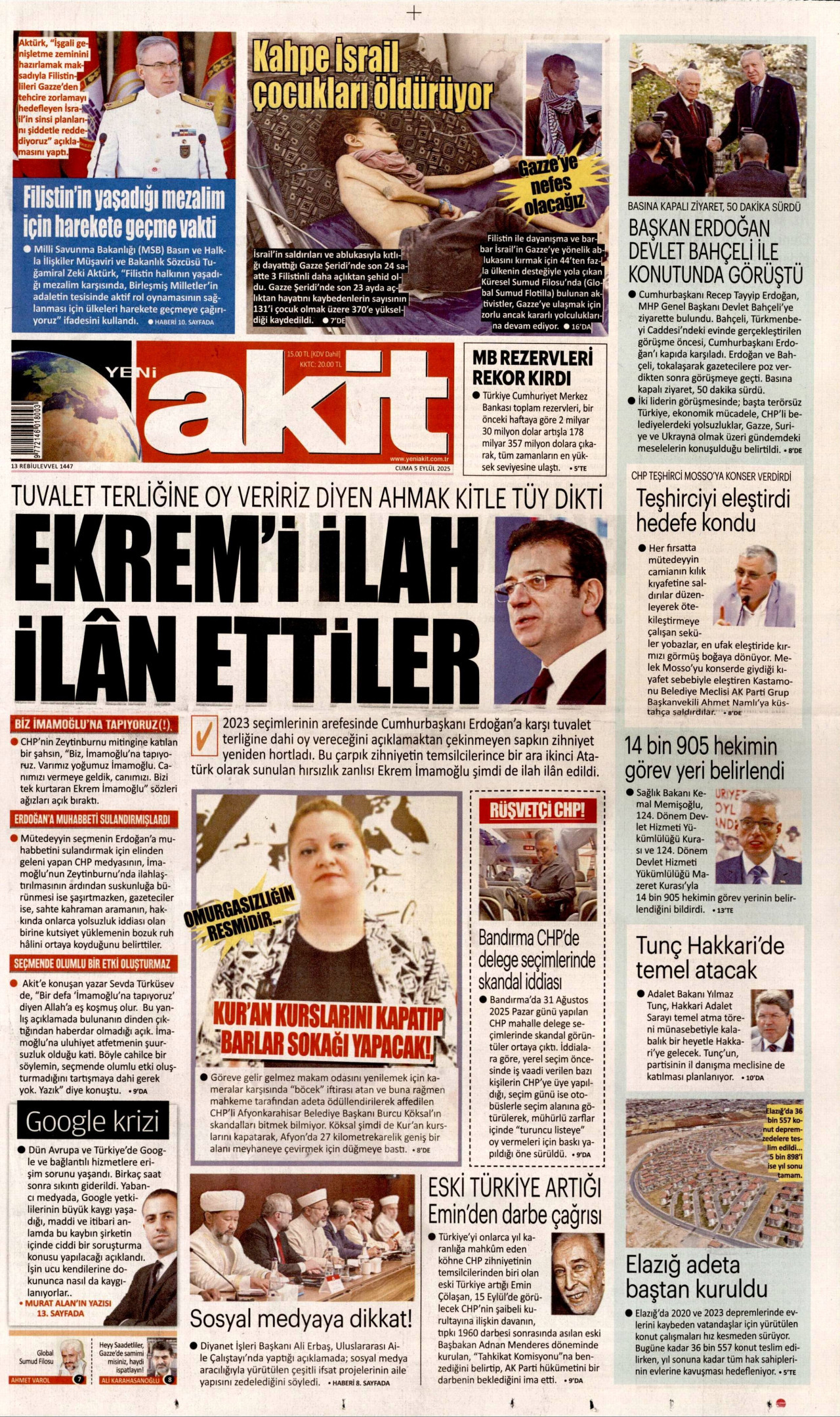 YENİ AKİT gazetesinin 5 Eylül 2025 tarihli birinci sayfası