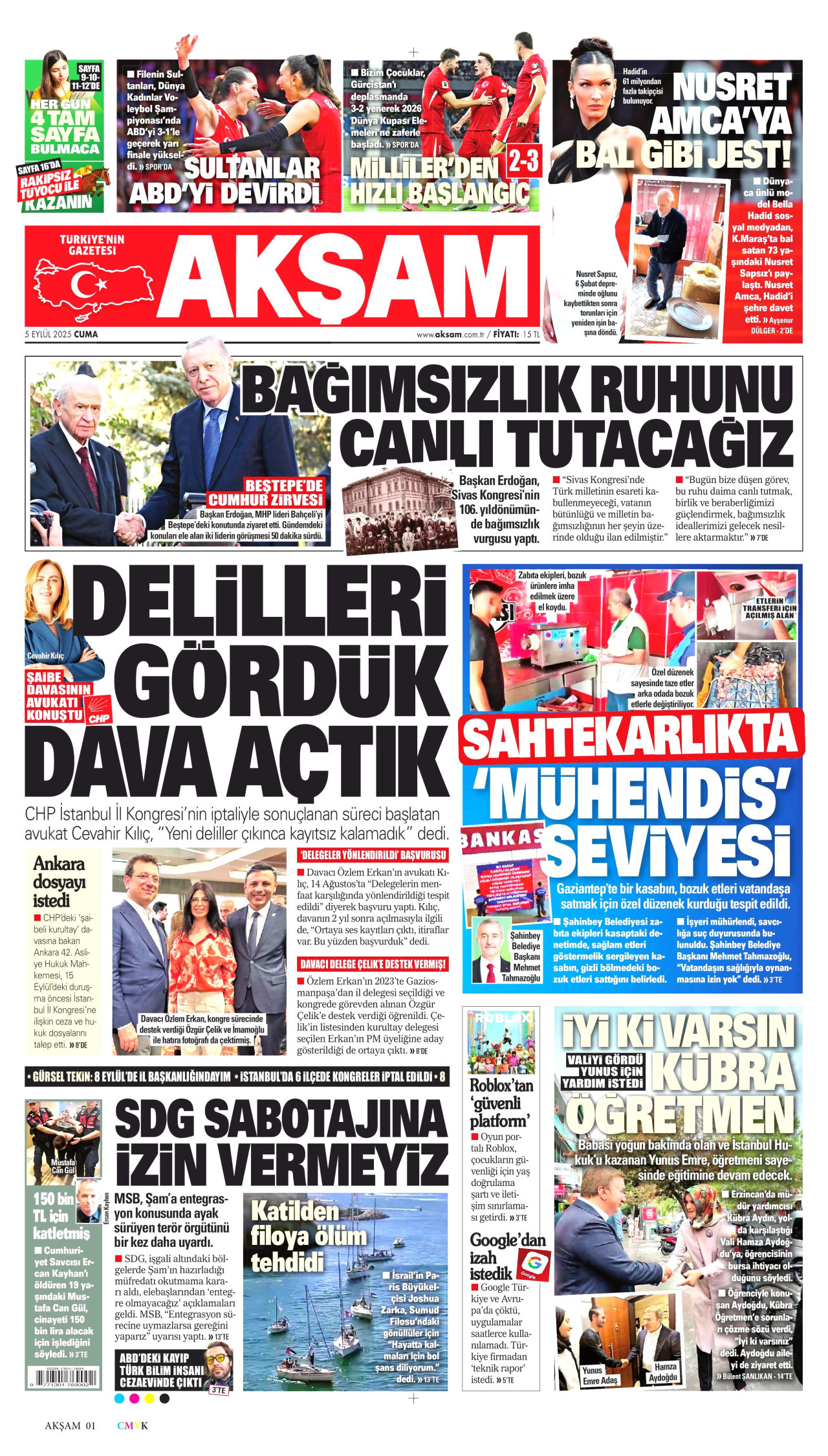 AKŞAM gazetesinin 5 Eylül 2025 tarihli birinci sayfası