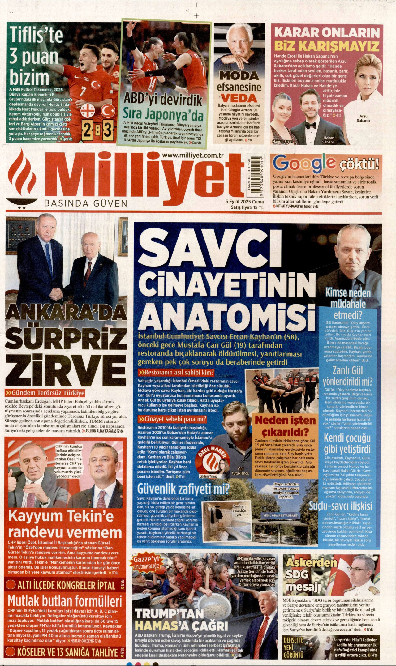 MİLLİYET gazetesinin 5 Eylül 2025 tarihli birinci sayfası