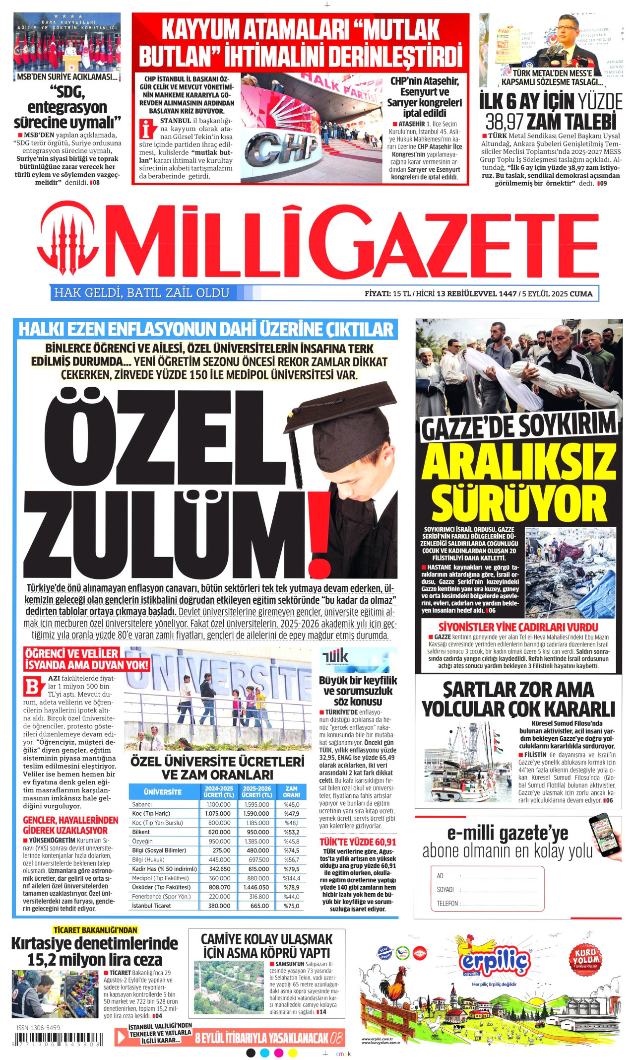 MİLLİ GAZETE gazetesinin 5 Eylül 2025 tarihli birinci sayfası
