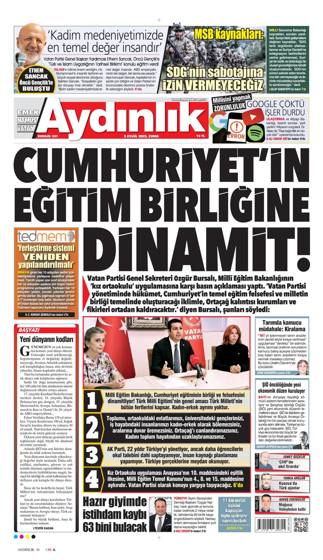 AYDINLIK GAZETESİ gazetesinin 5 Eylül 2025 tarihli birinci sayfası