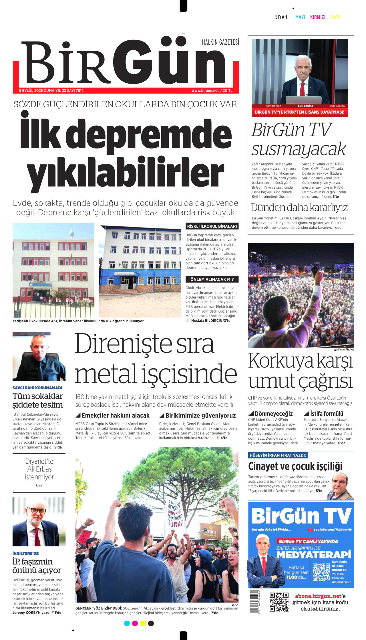 BİRGÜN gazetesinin 5 Eylül 2025 tarihli birinci sayfası