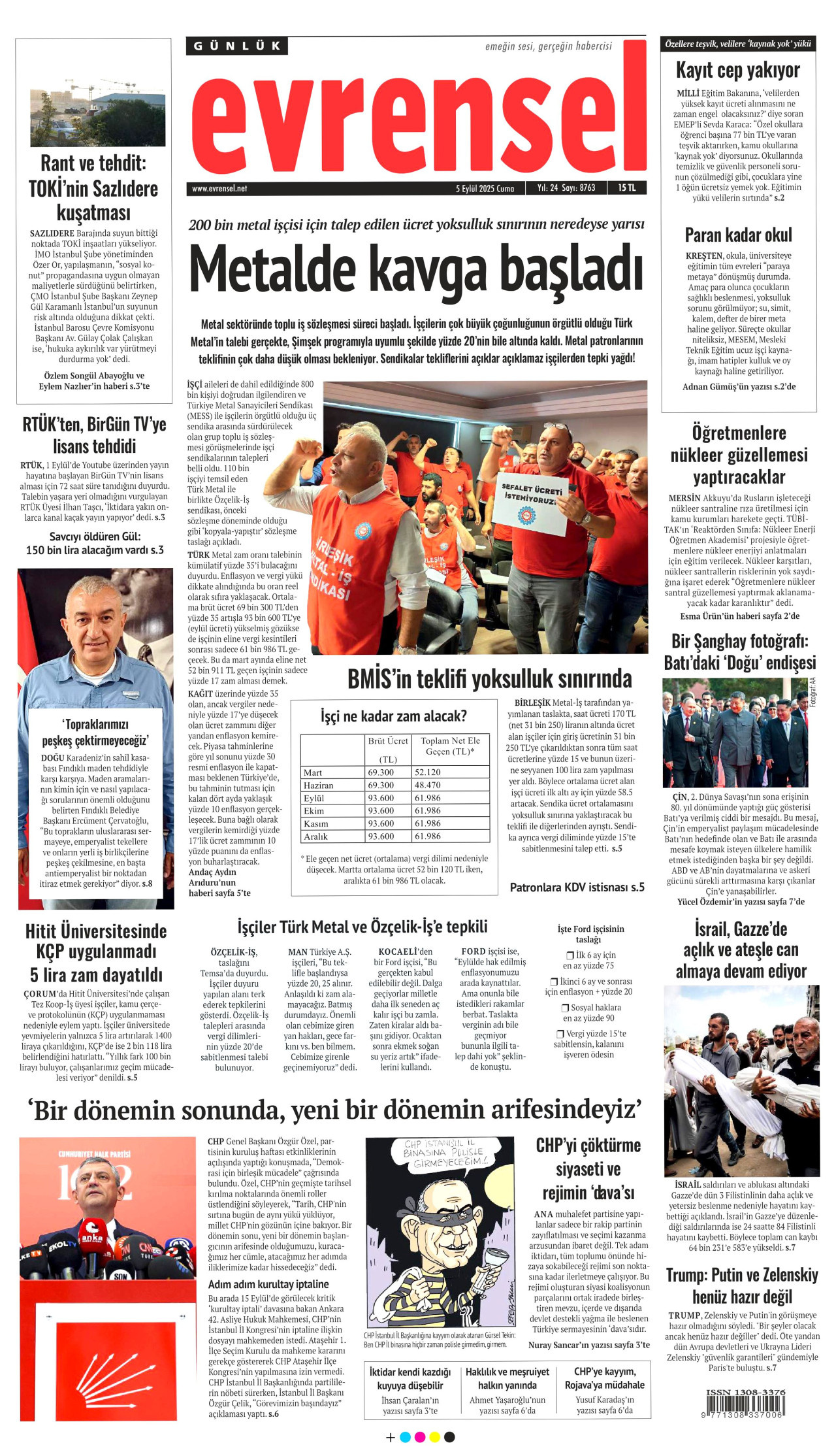 EVRENSEL gazetesinin 5 Eylül 2025 tarihli birinci sayfası