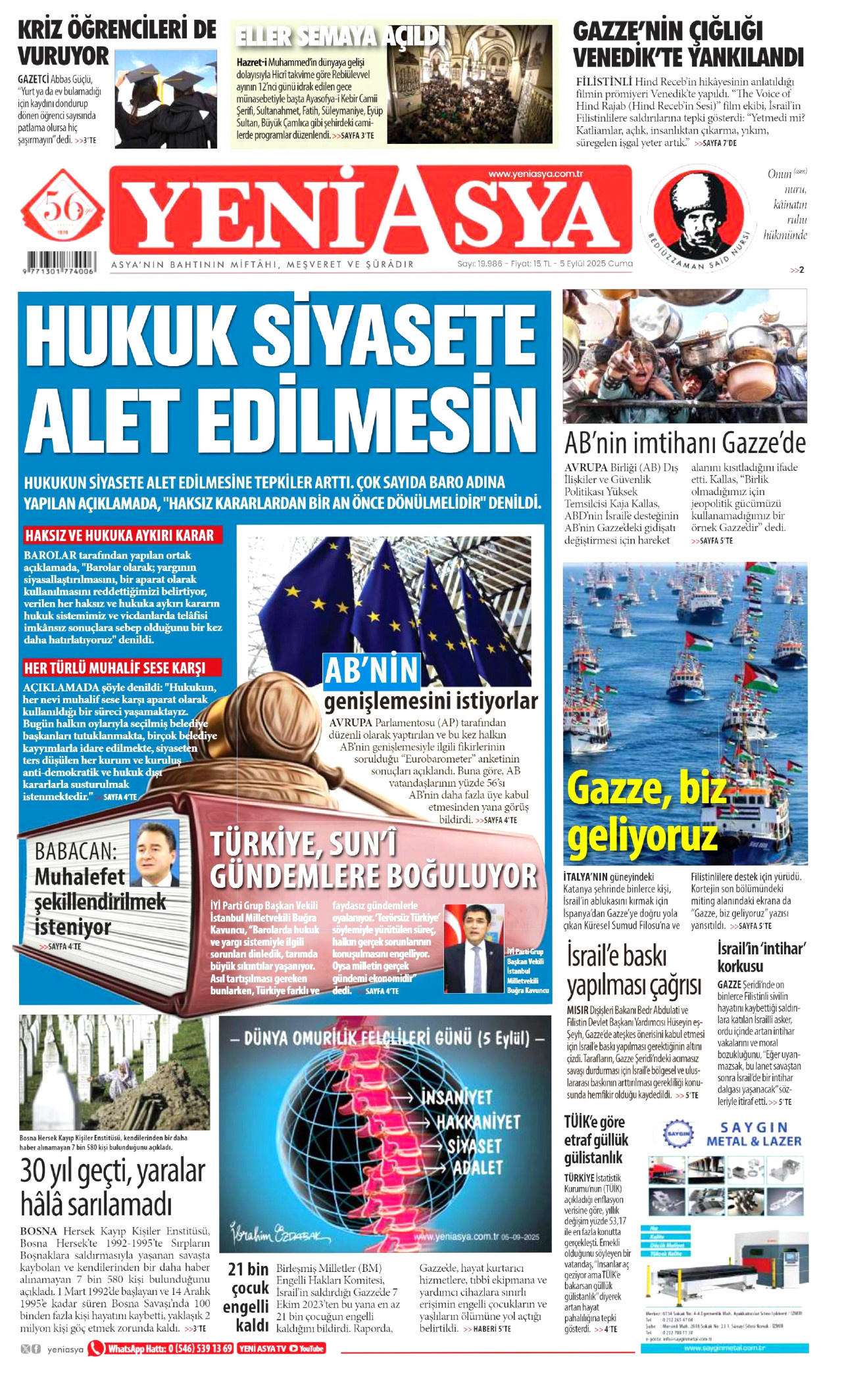 YENİ ASYA gazetesinin 5 Eylül 2025 tarihli birinci sayfası