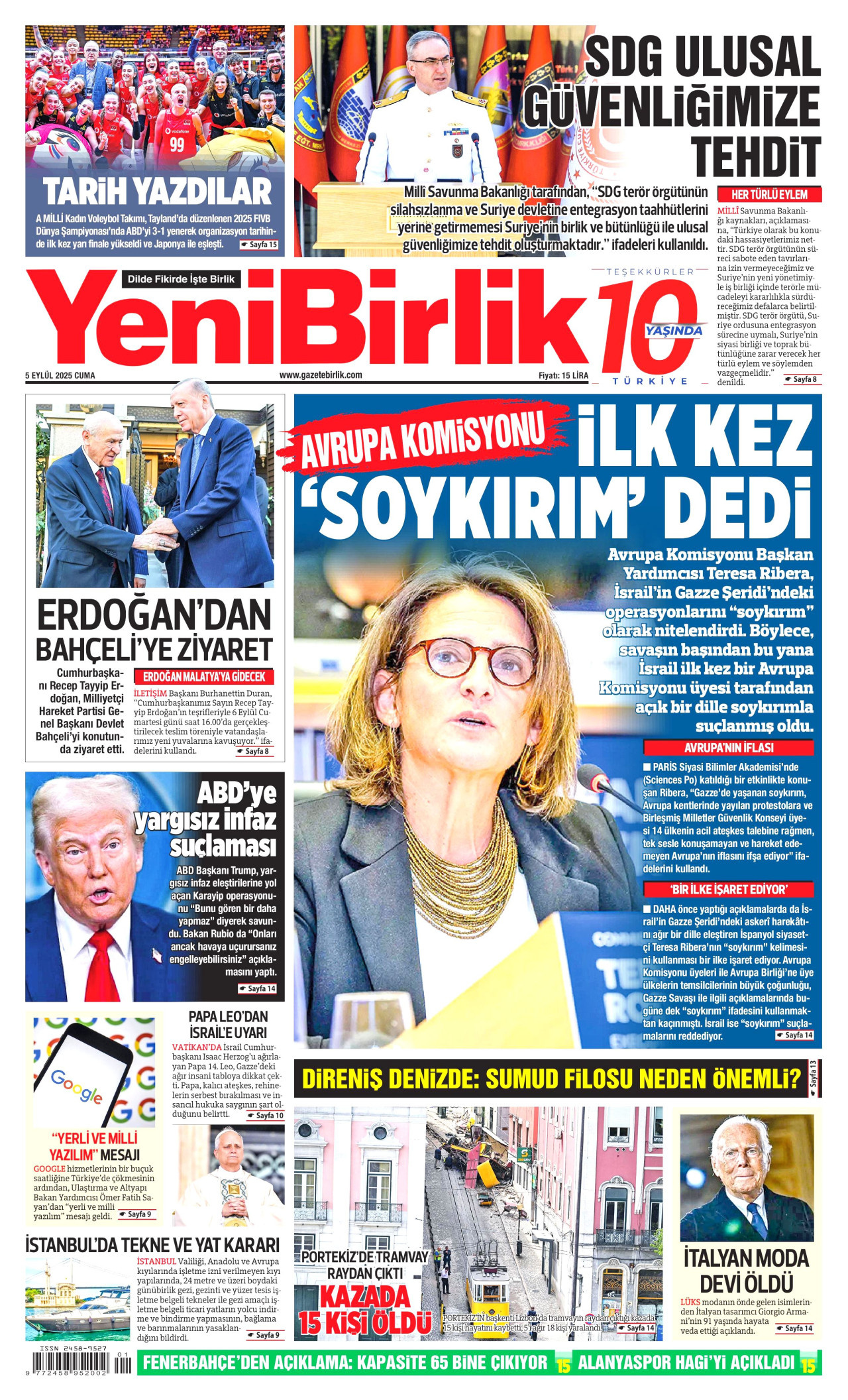 YENİBİRLİK gazetesinin 5 Eylül 2025 tarihli birinci sayfası