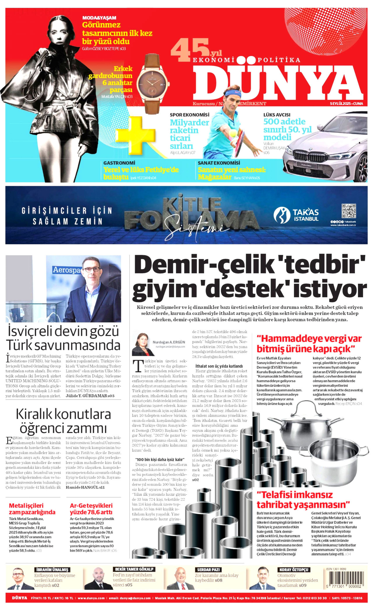DÜNYA gazetesinin 5 Eylül 2025 tarihli birinci sayfası