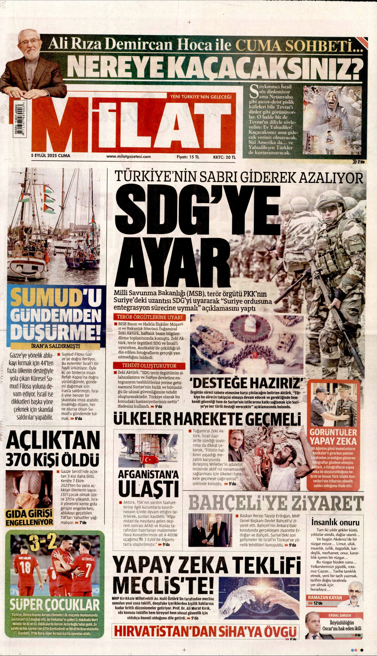 MİLAT gazetesinin 5 Eylül 2025 tarihli birinci sayfası