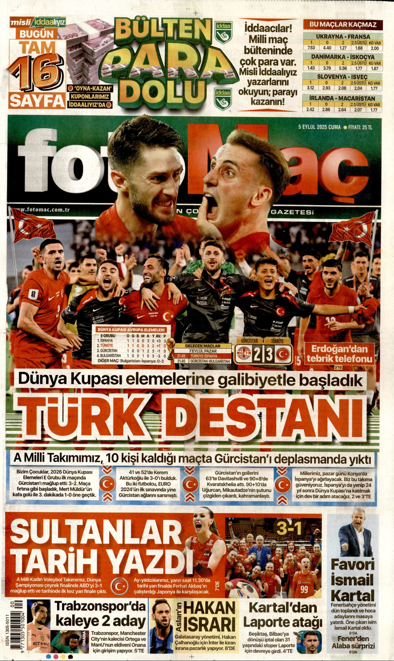 FOTOMAÇ gazetesinin 5 Eylül 2025 tarihli birinci sayfası