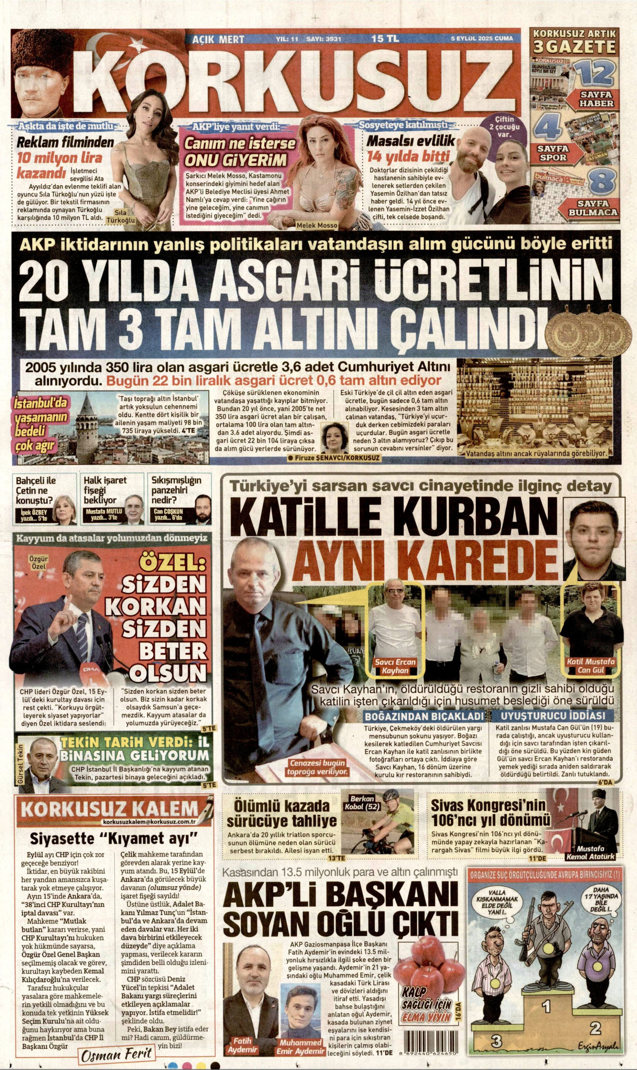 KORKUSUZ gazetesinin 5 Eylül 2025 tarihli birinci sayfası