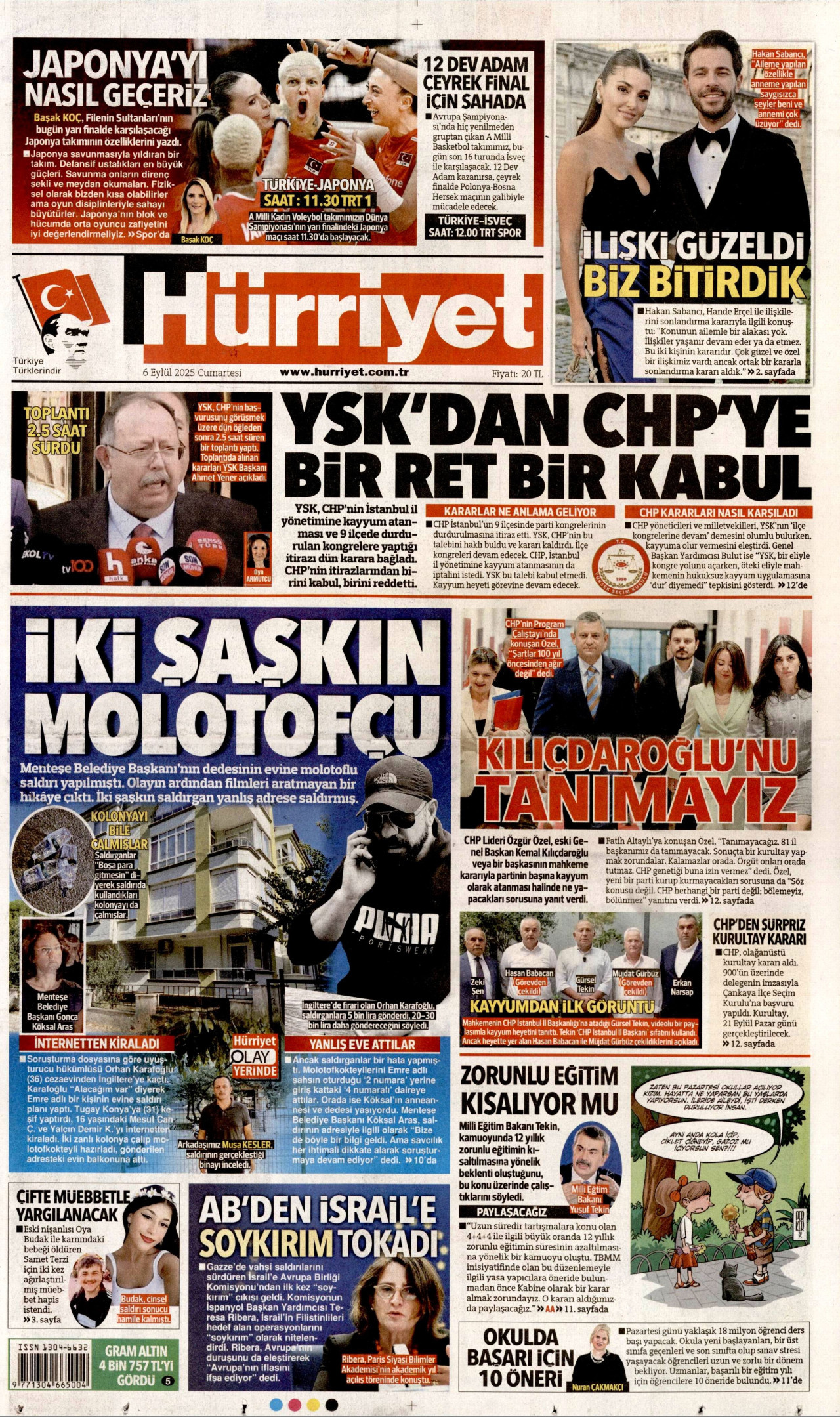 HÜRRİYET gazetesinin 6 Eylül 2025 tarihli birinci sayfası
