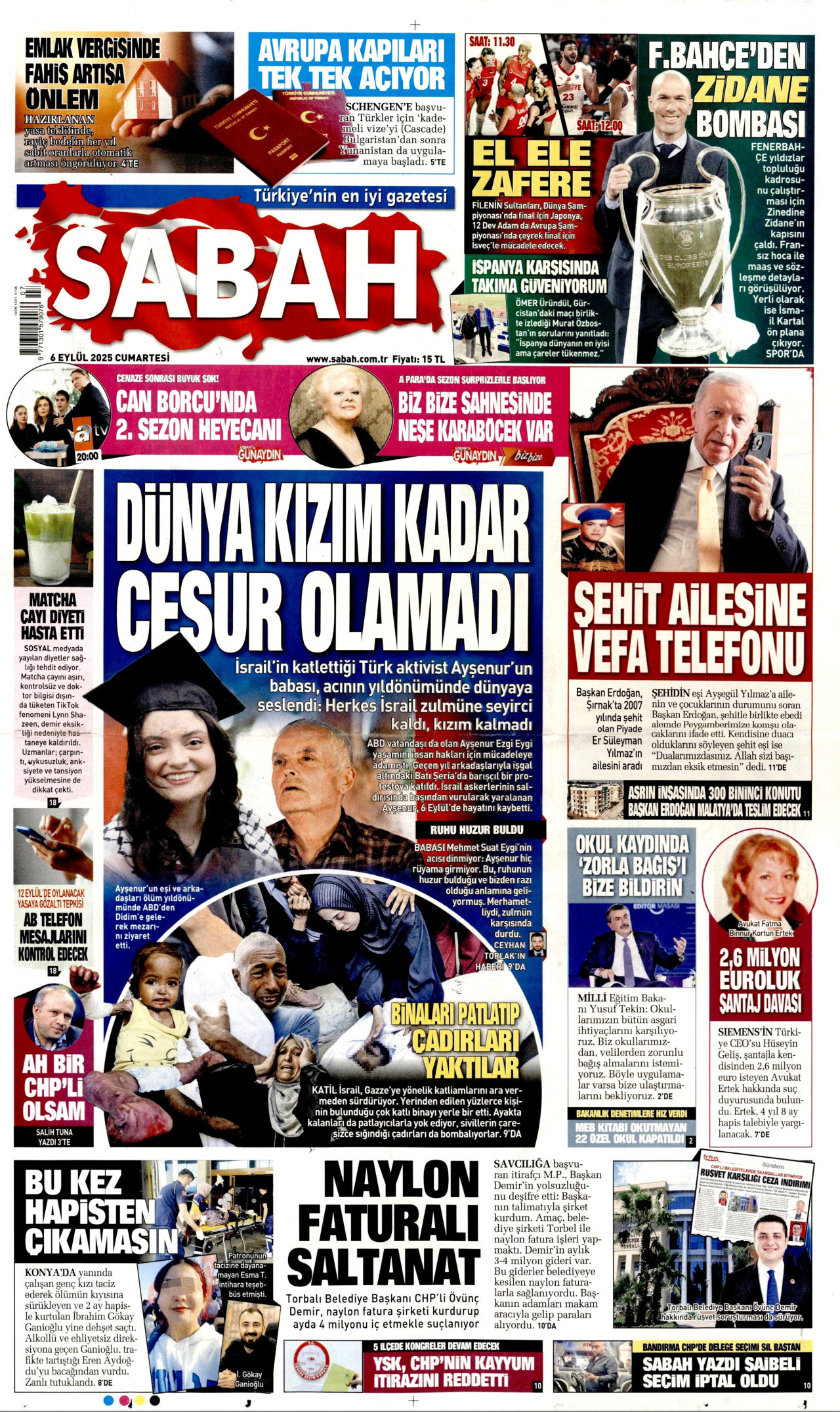 SABAH gazetesinin 6 Eylül 2025 tarihli birinci sayfası