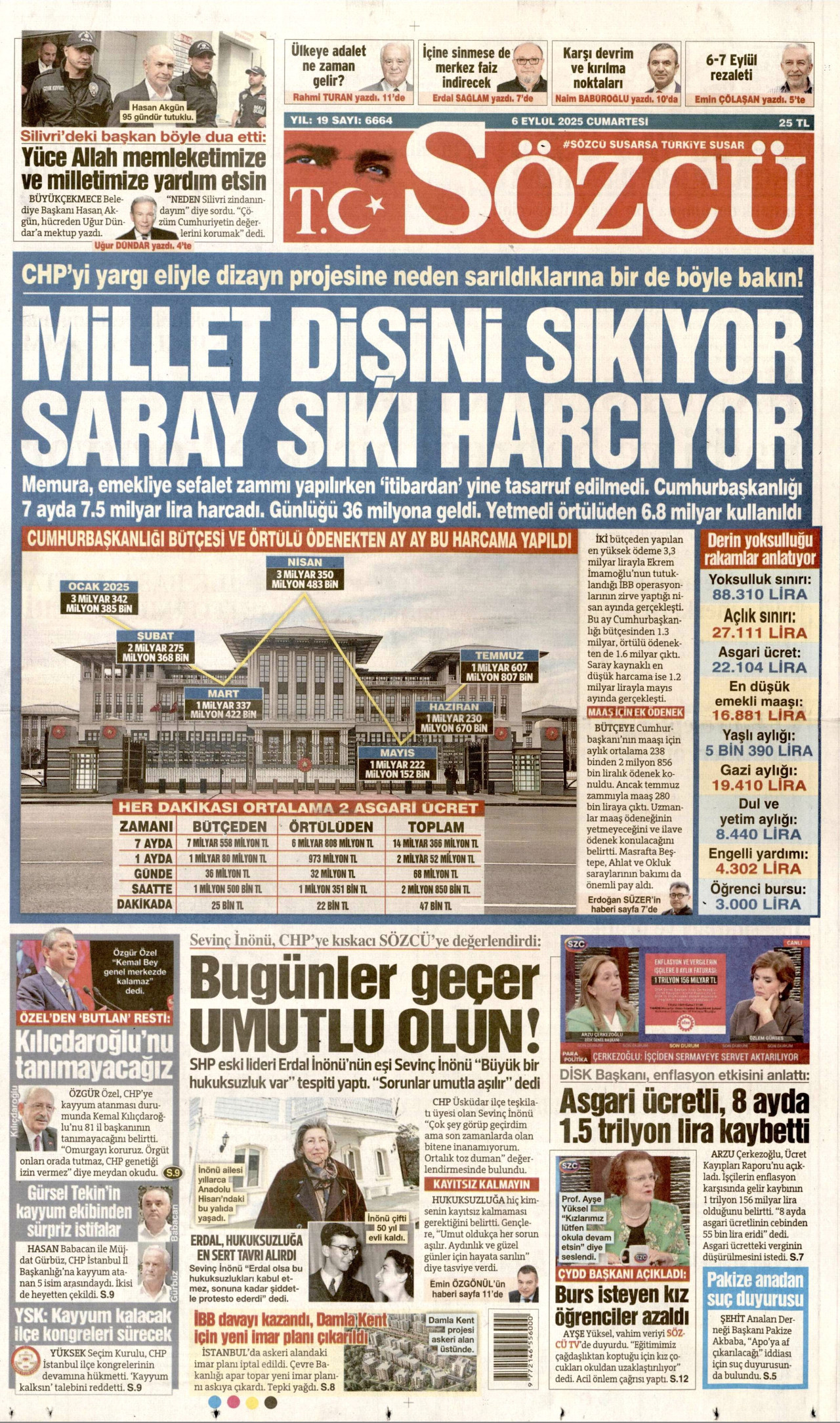 SÖZCÜ gazetesinin 6 Eylül 2025 tarihli birinci sayfası