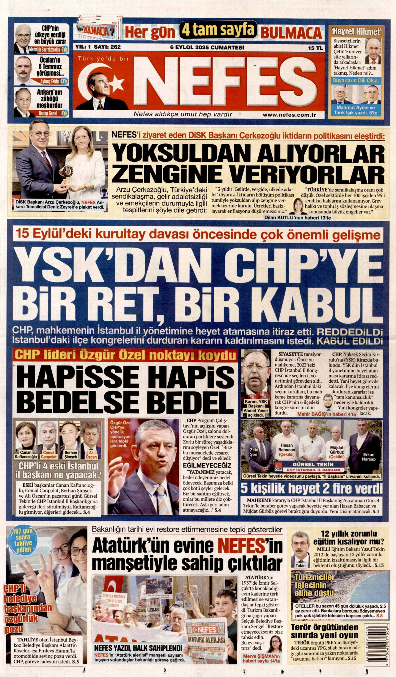 NEFES gazetesinin 6 Eylül 2025 tarihli birinci sayfası