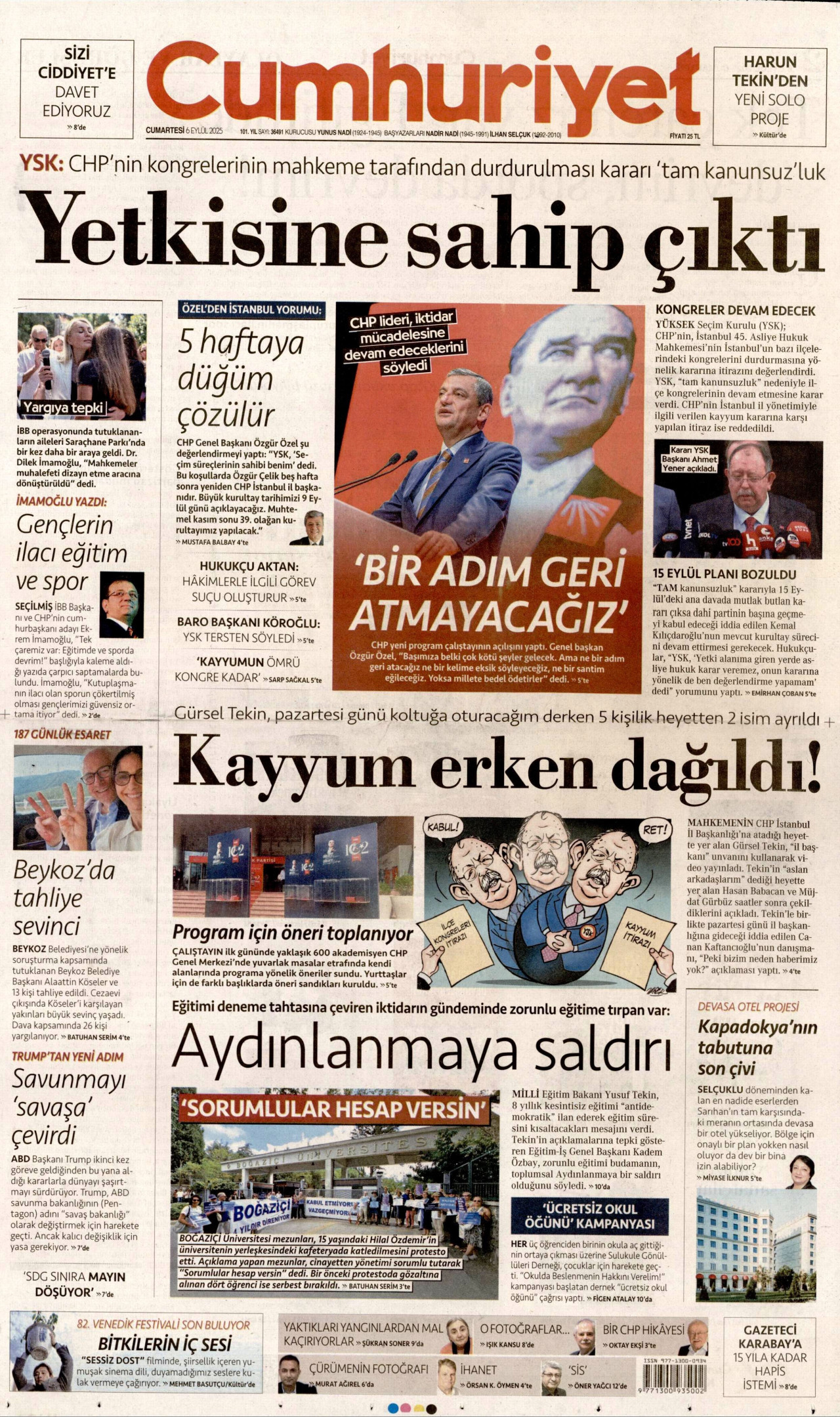CUMHURİYET gazetesinin 6 Eylül 2025 tarihli birinci sayfası