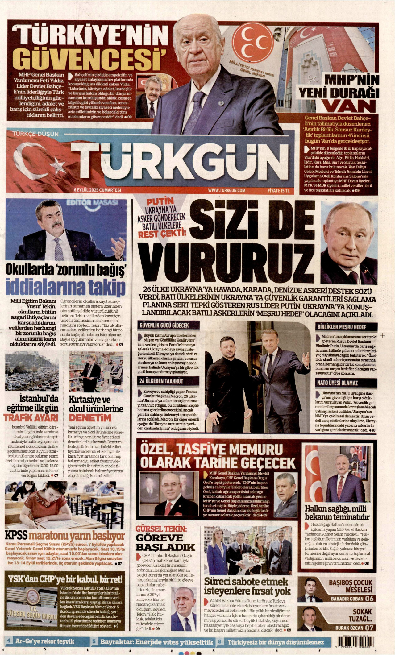 TÜRKGÜN gazetesinin 6 Eylül 2025 tarihli birinci sayfası
