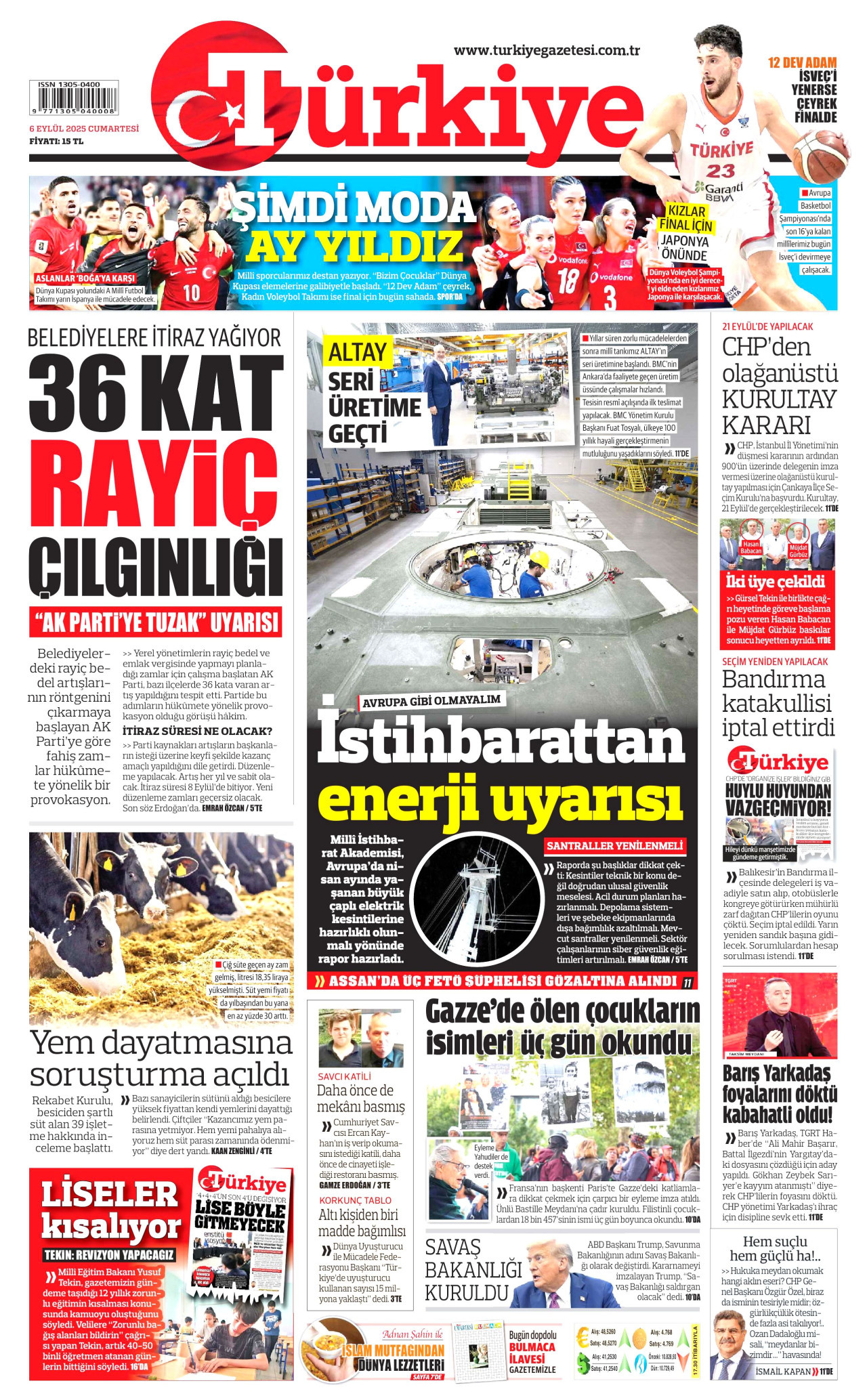 TÜRKİYE GAZETESİ gazetesinin 6 Eylül 2025 tarihli birinci sayfası