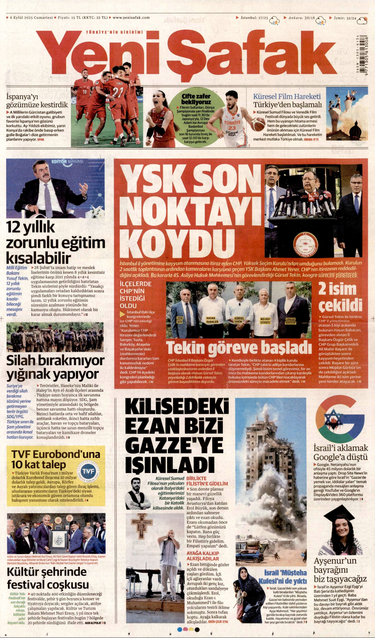 YENİ ŞAFAK gazetesinin 6 Eylül 2025 tarihli birinci sayfası