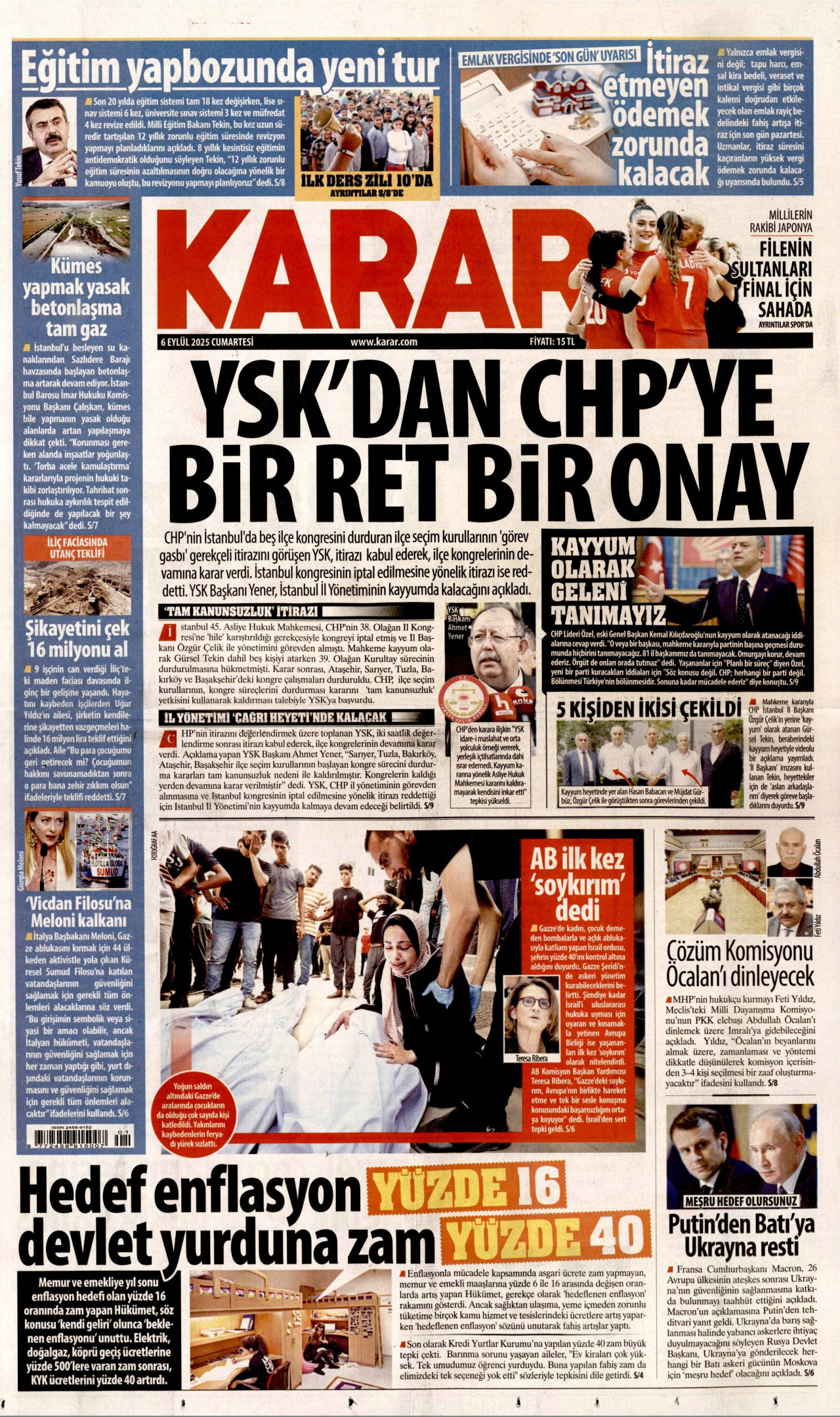 KARAR gazetesinin 6 Eylül 2025 tarihli birinci sayfası
