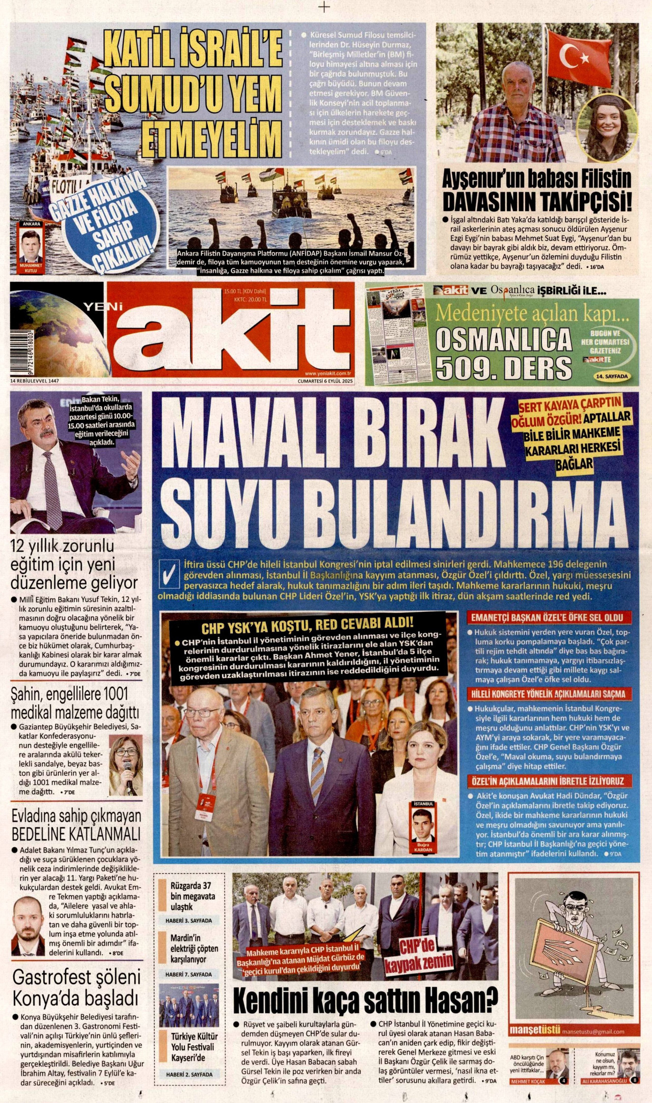 YENİ AKİT gazetesinin 6 Eylül 2025 tarihli birinci sayfası