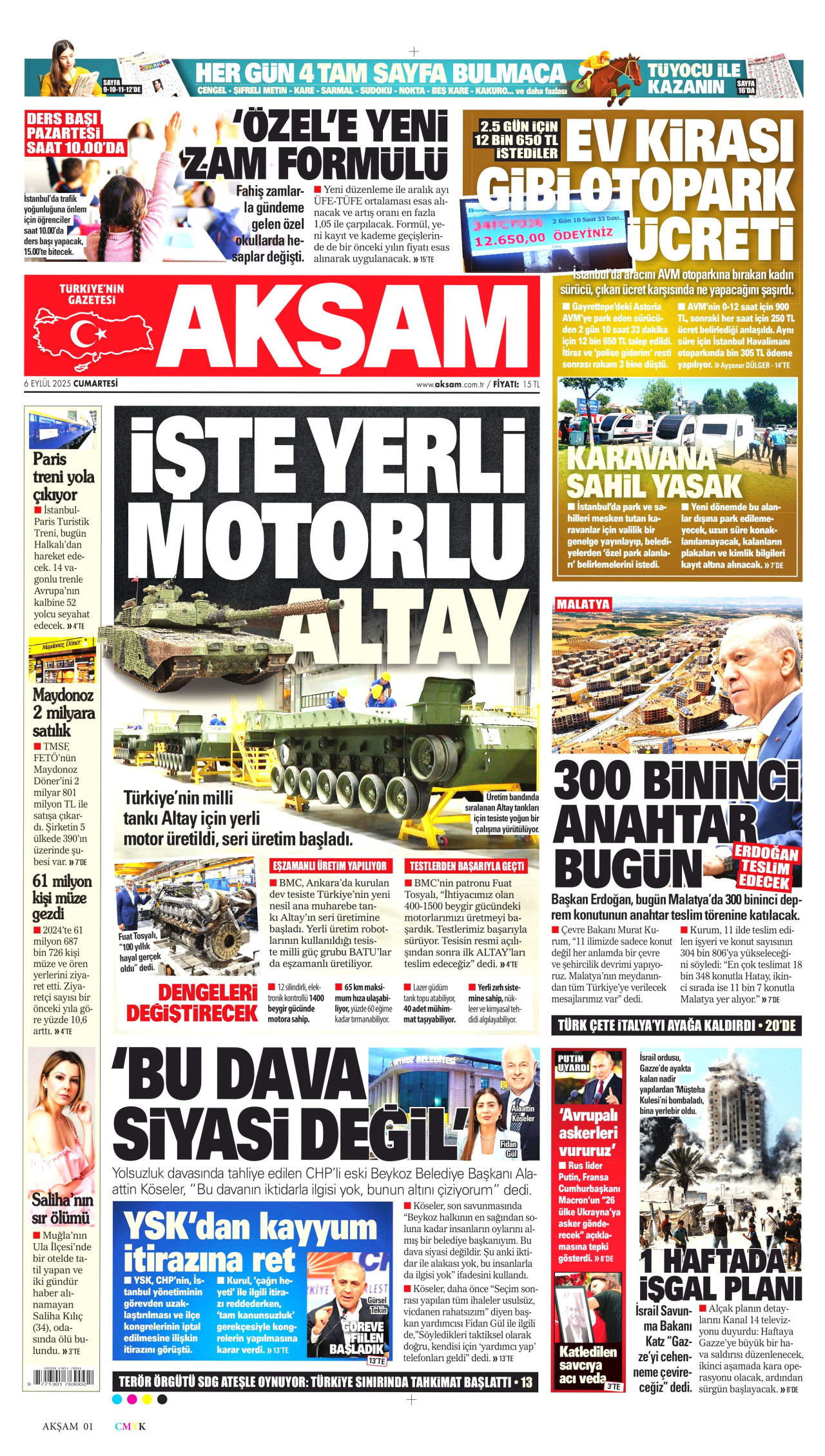 AKŞAM gazetesinin 6 Eylül 2025 tarihli birinci sayfası