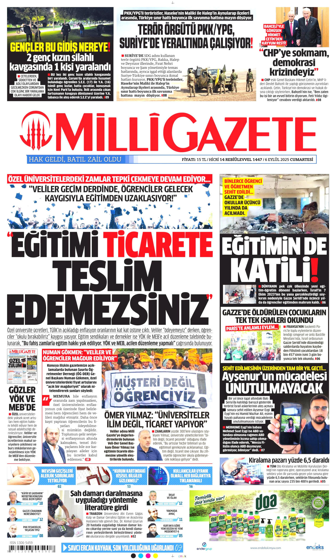 MİLLİ GAZETE gazetesinin 6 Eylül 2025 tarihli birinci sayfası
