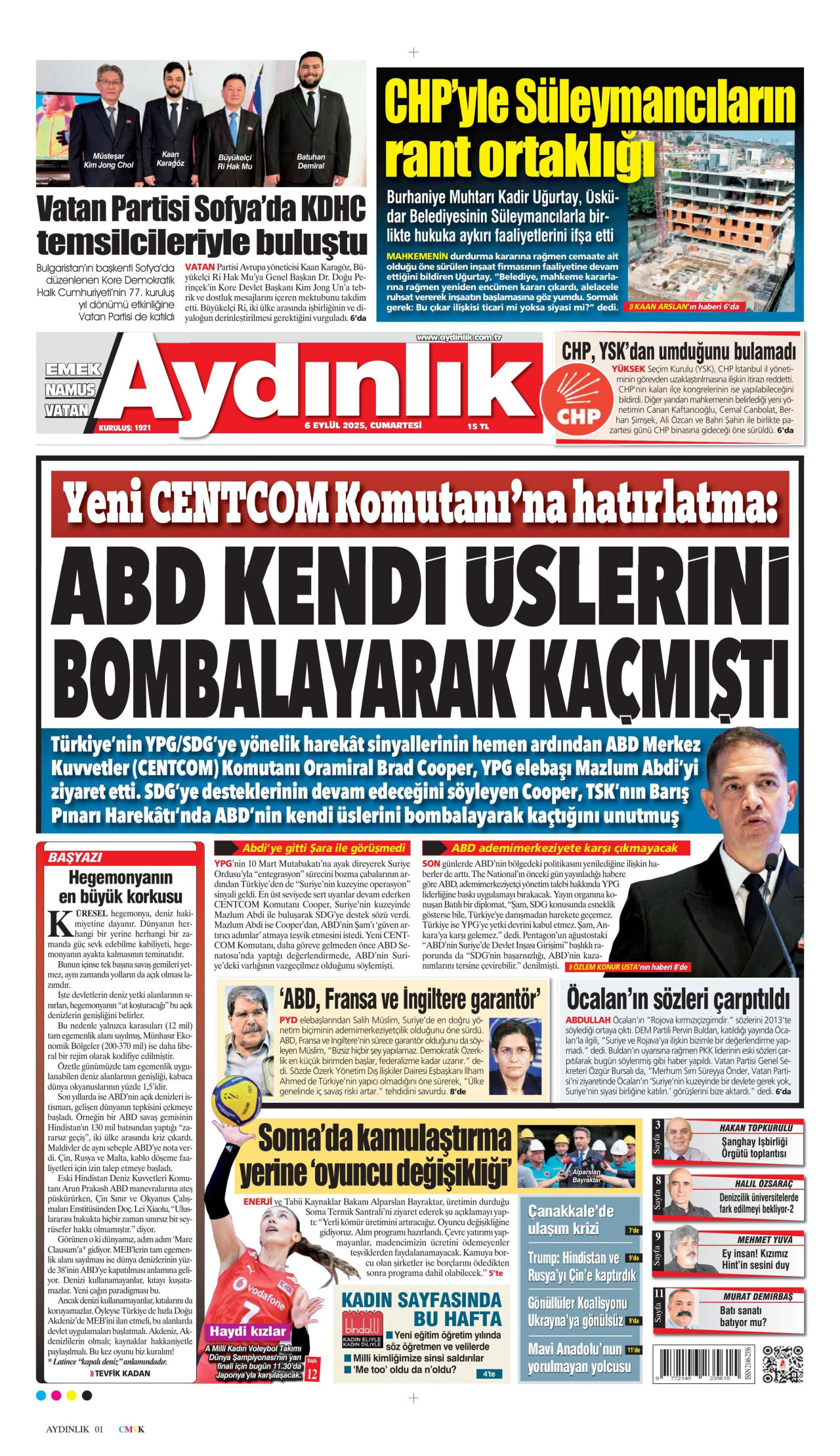 AYDINLIK GAZETESİ gazetesinin 6 Eylül 2025 tarihli birinci sayfası