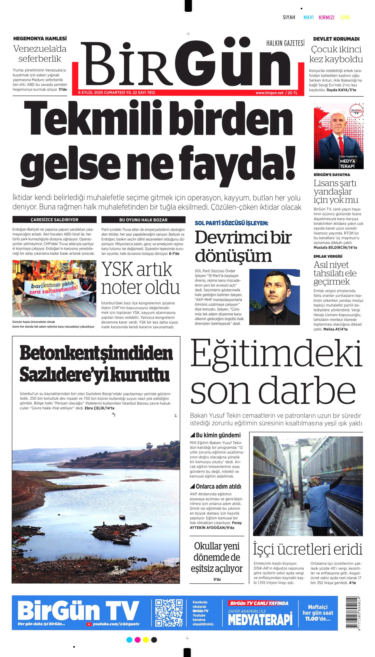 BİRGÜN gazetesinin 6 Eylül 2025 tarihli birinci sayfası