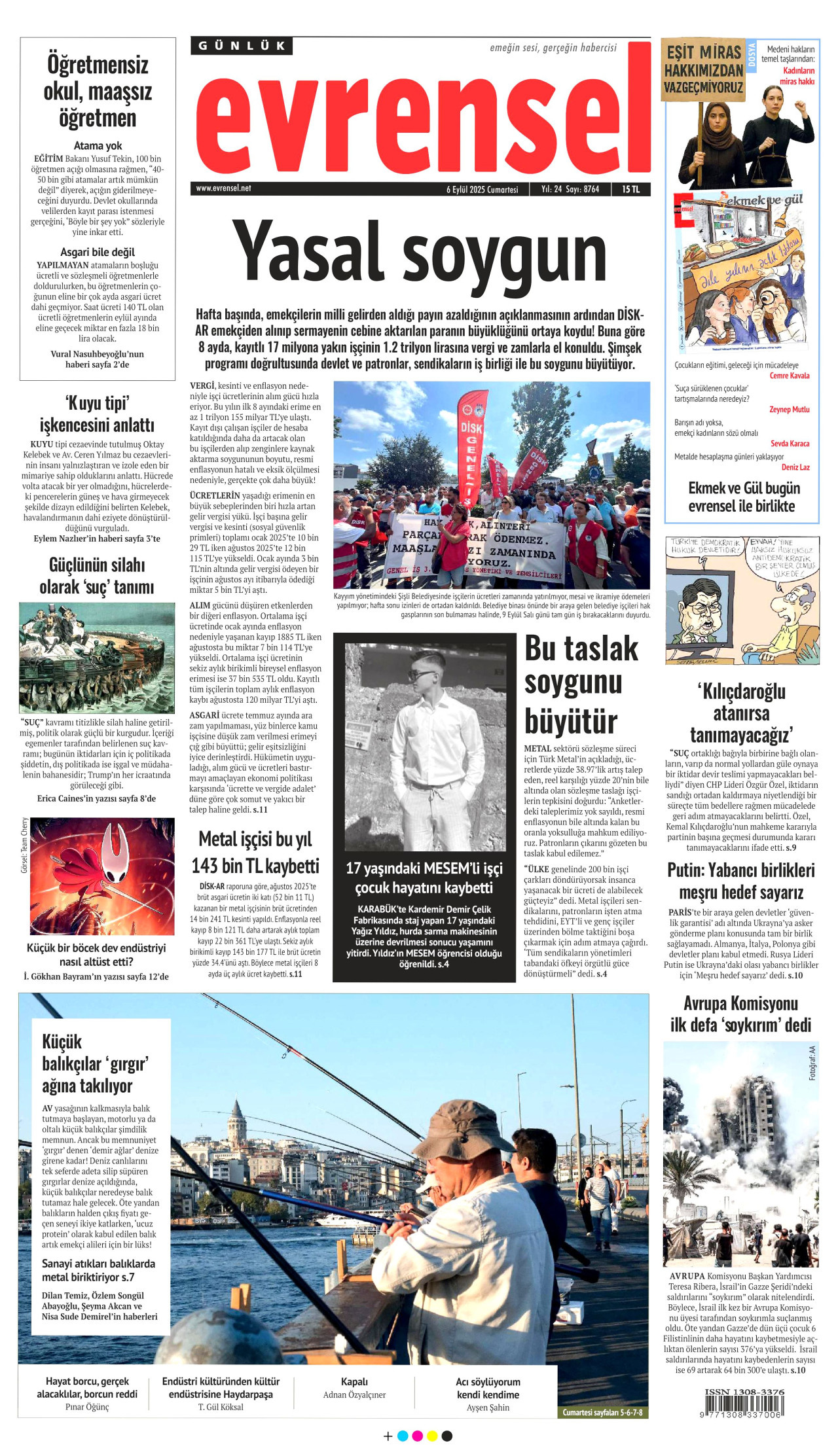 EVRENSEL gazetesinin 6 Eylül 2025 tarihli birinci sayfası