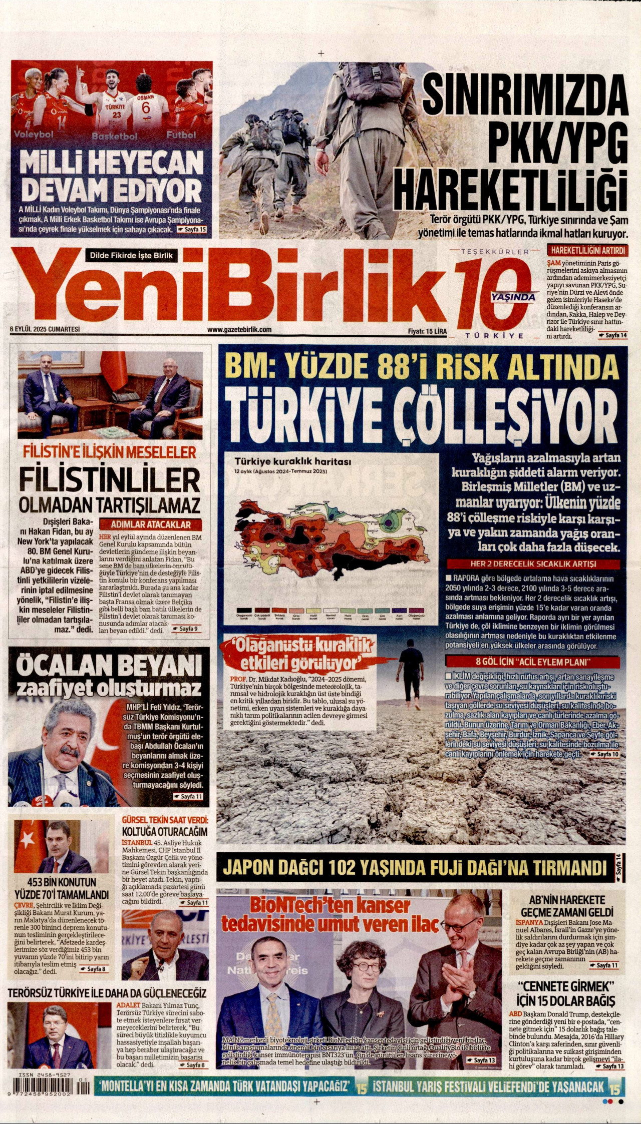 YENİBİRLİK gazetesinin 6 Eylül 2025 tarihli birinci sayfası