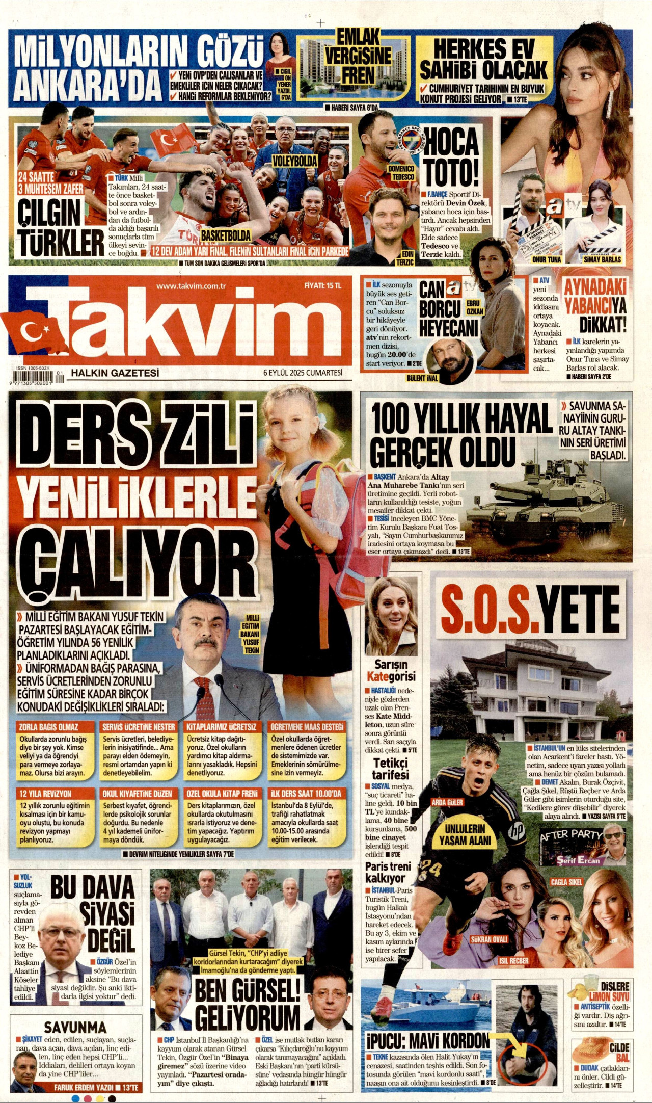 TAKVİM gazetesinin 6 Eylül 2025 tarihli birinci sayfası