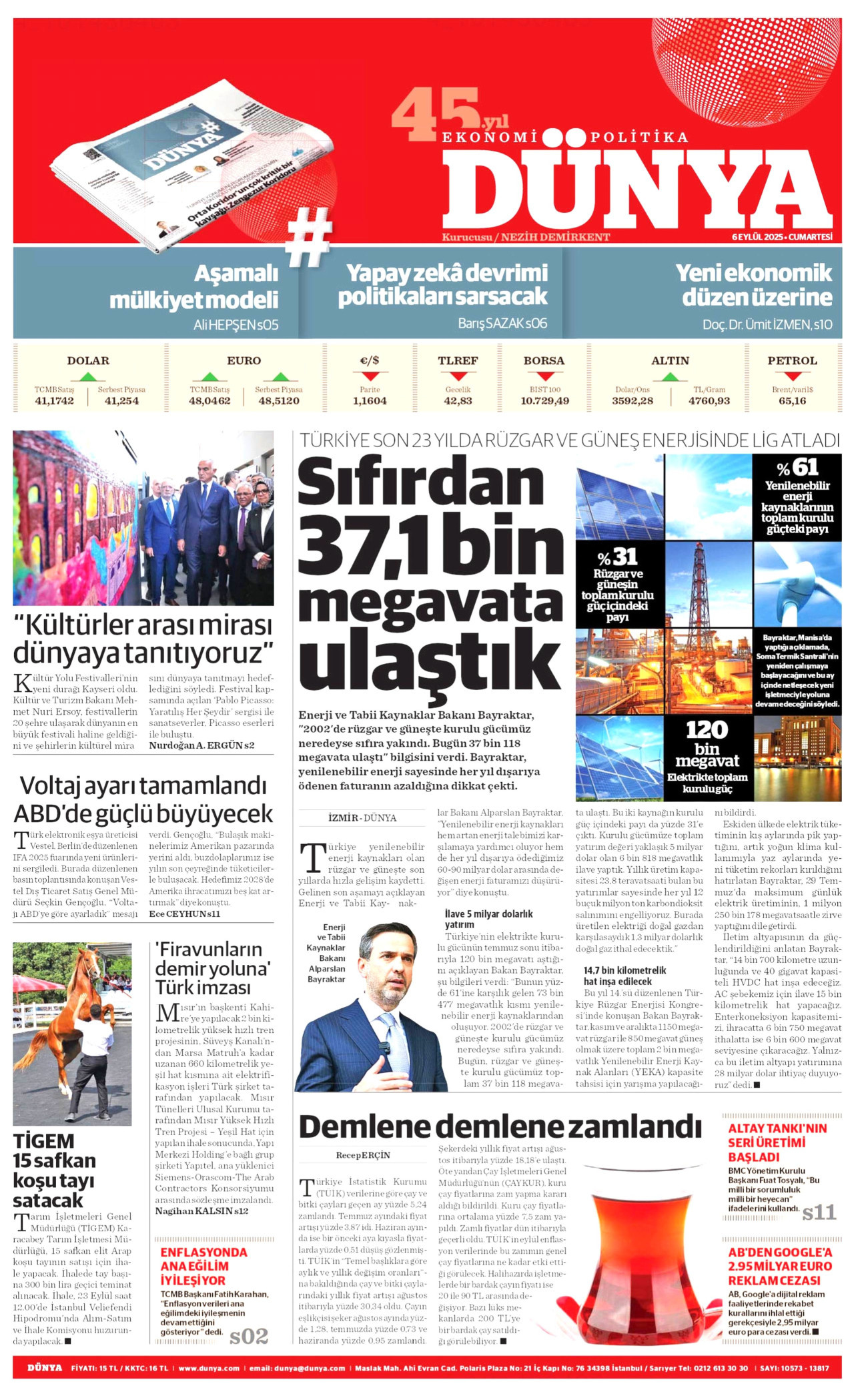 DÜNYA gazetesinin 6 Eylül 2025 tarihli birinci sayfası