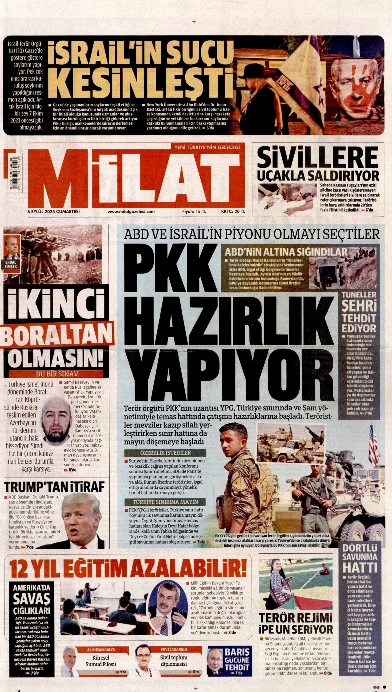 MİLAT gazetesinin 6 Eylül 2025 tarihli birinci sayfası