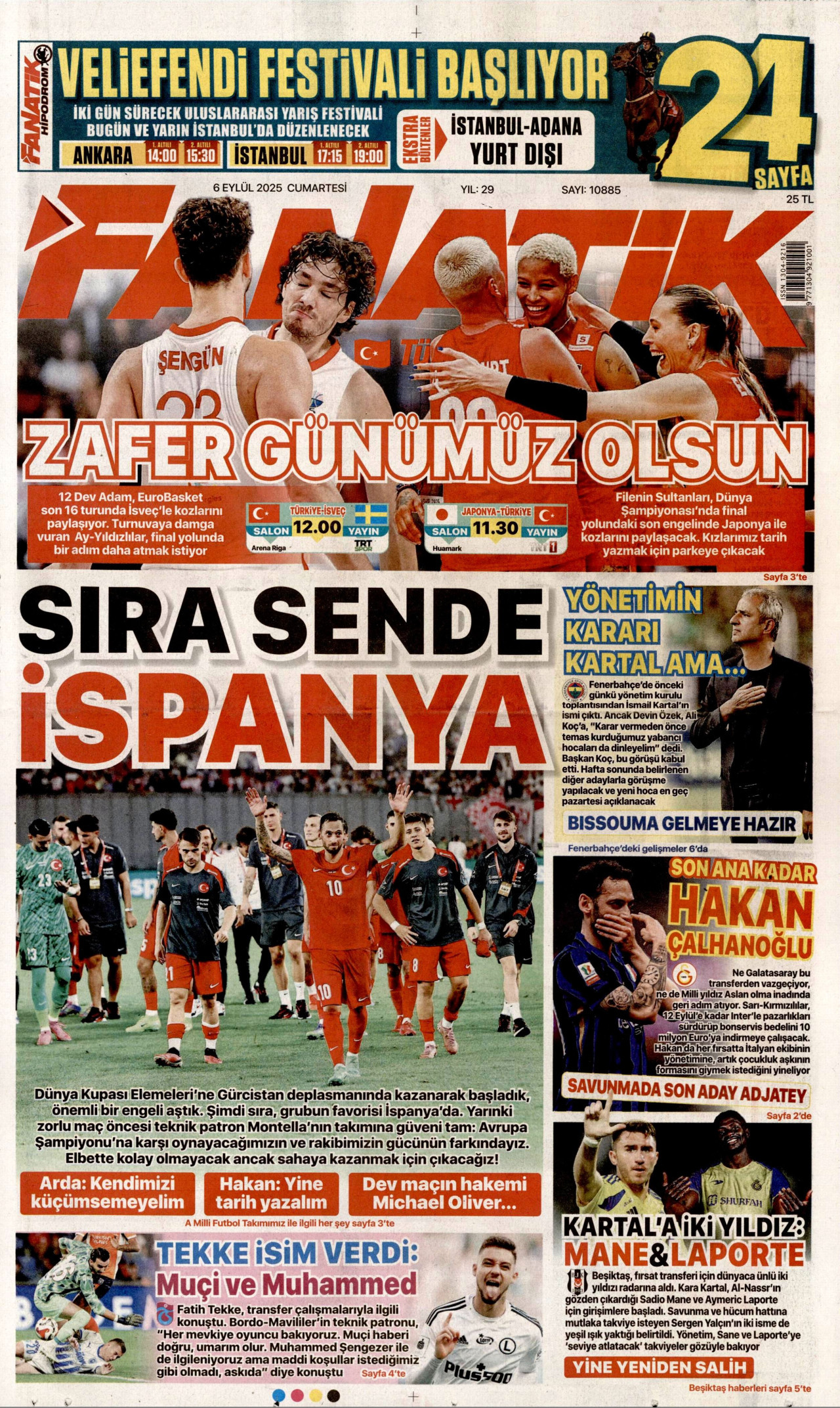 FANATİK gazetesinin 6 Eylül 2025 tarihli birinci sayfası