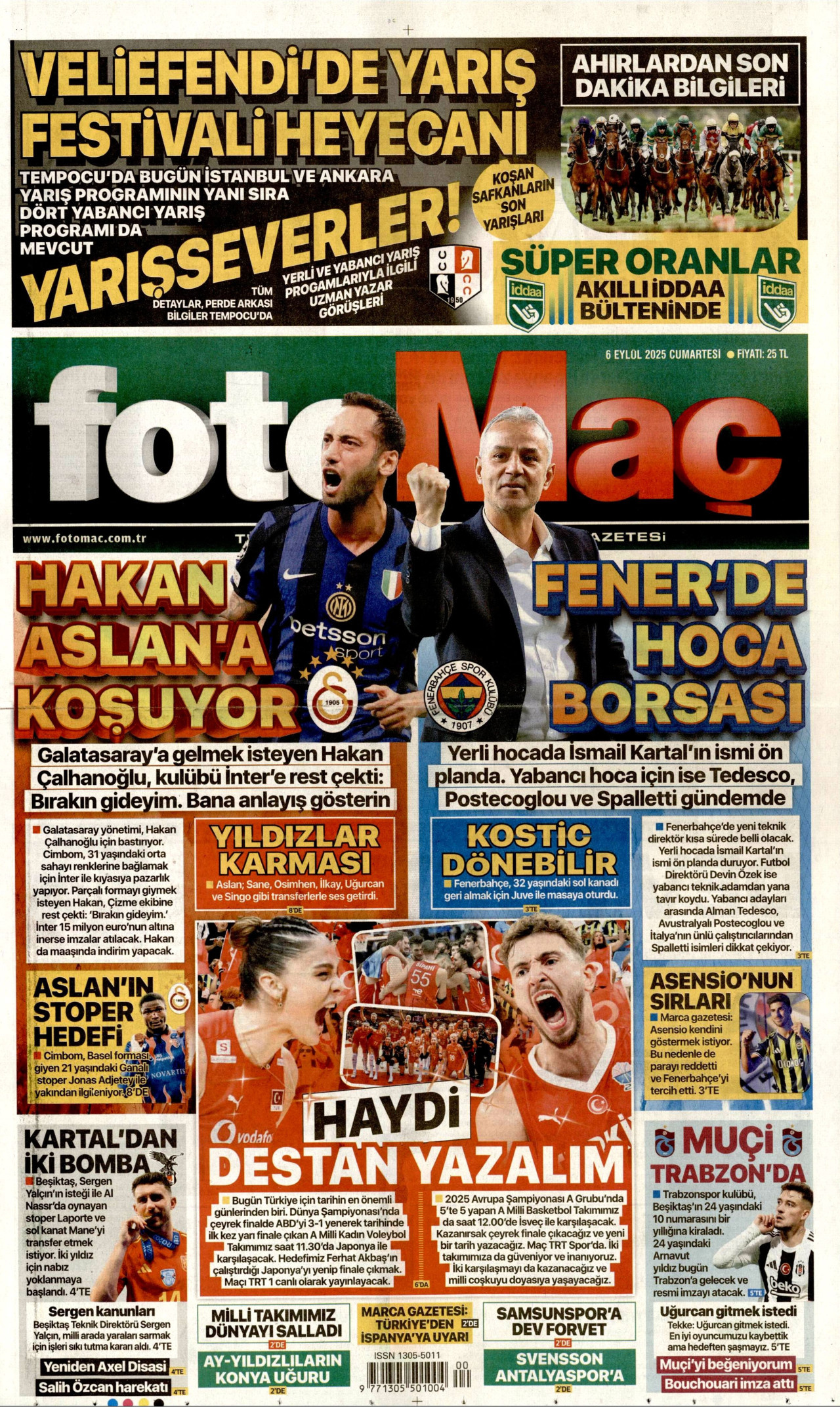 FOTOMAÇ gazetesinin 6 Eylül 2025 tarihli birinci sayfası