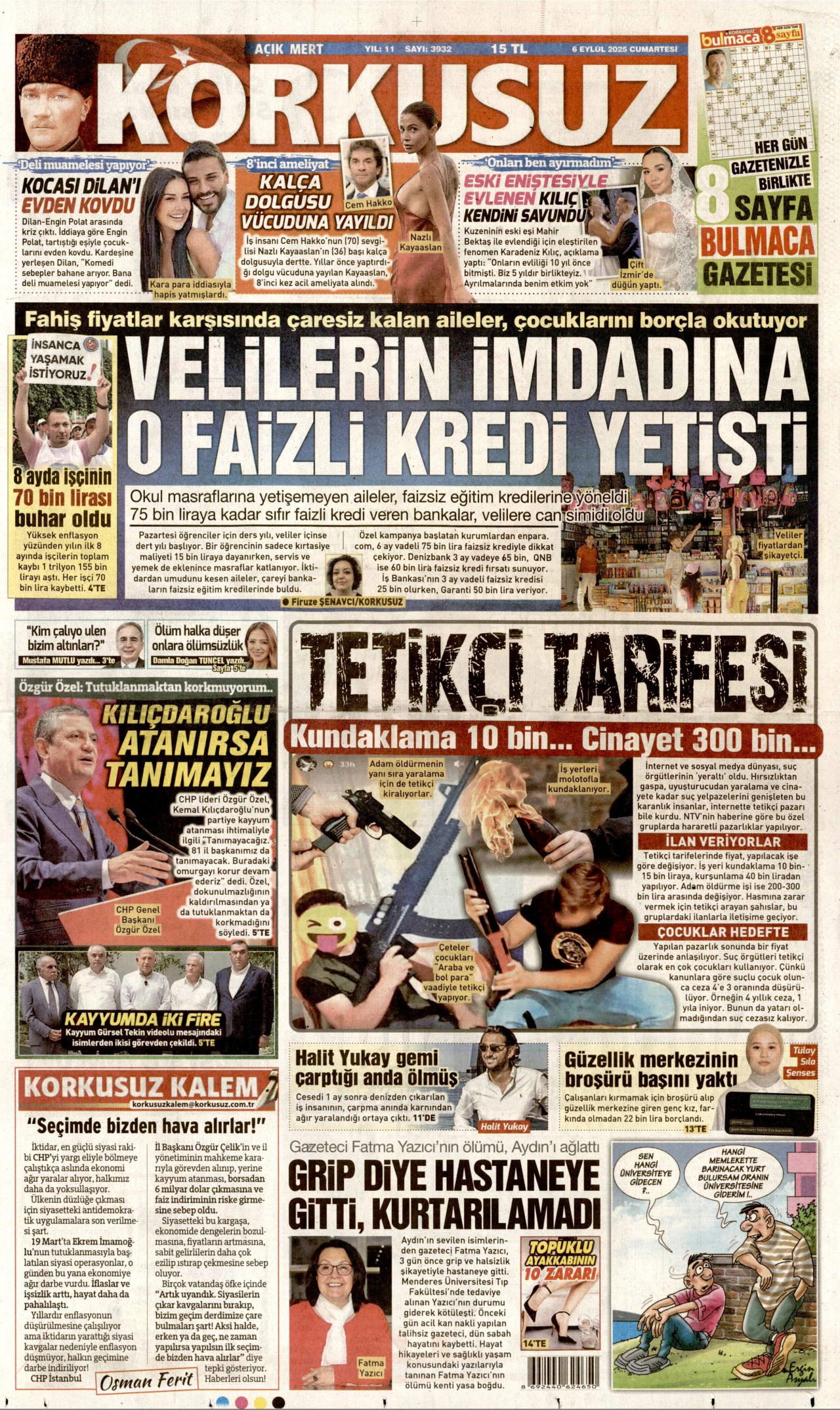 KORKUSUZ gazetesinin 6 Eylül 2025 tarihli birinci sayfası