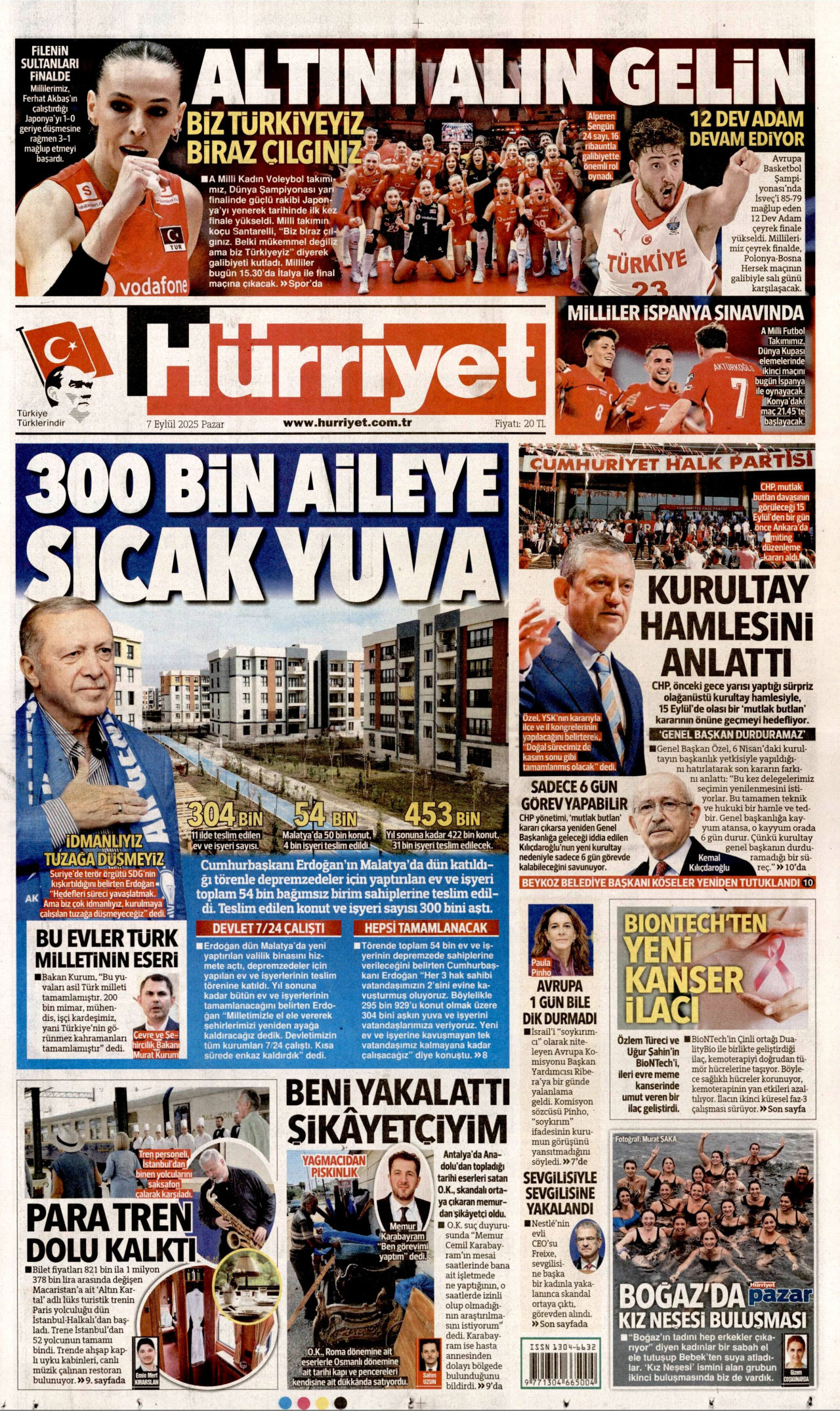 HÜRRİYET gazetesinin 7 Eylül 2025 tarihli birinci sayfası