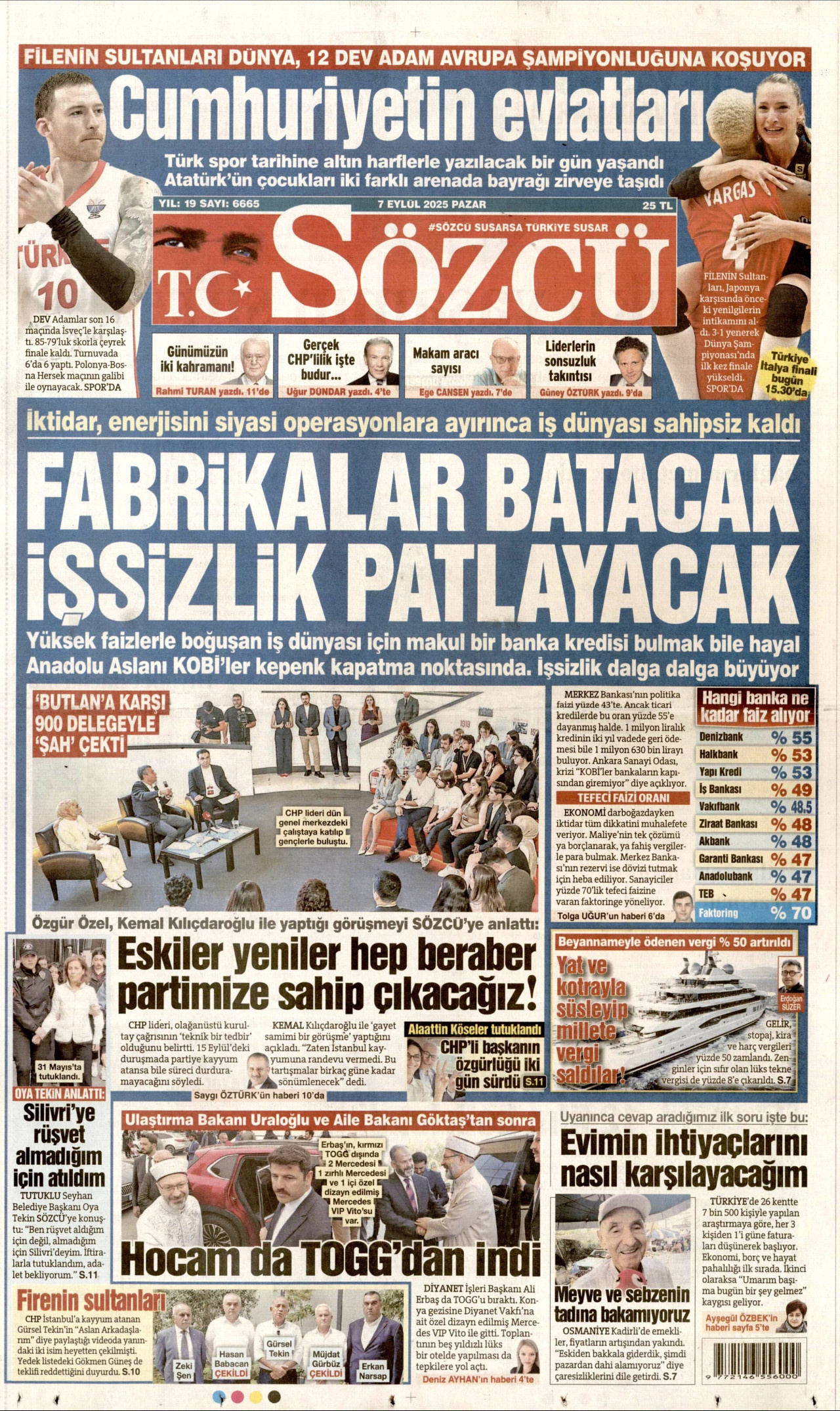 SÖZCÜ gazetesinin 7 Eylül 2025 tarihli birinci sayfası