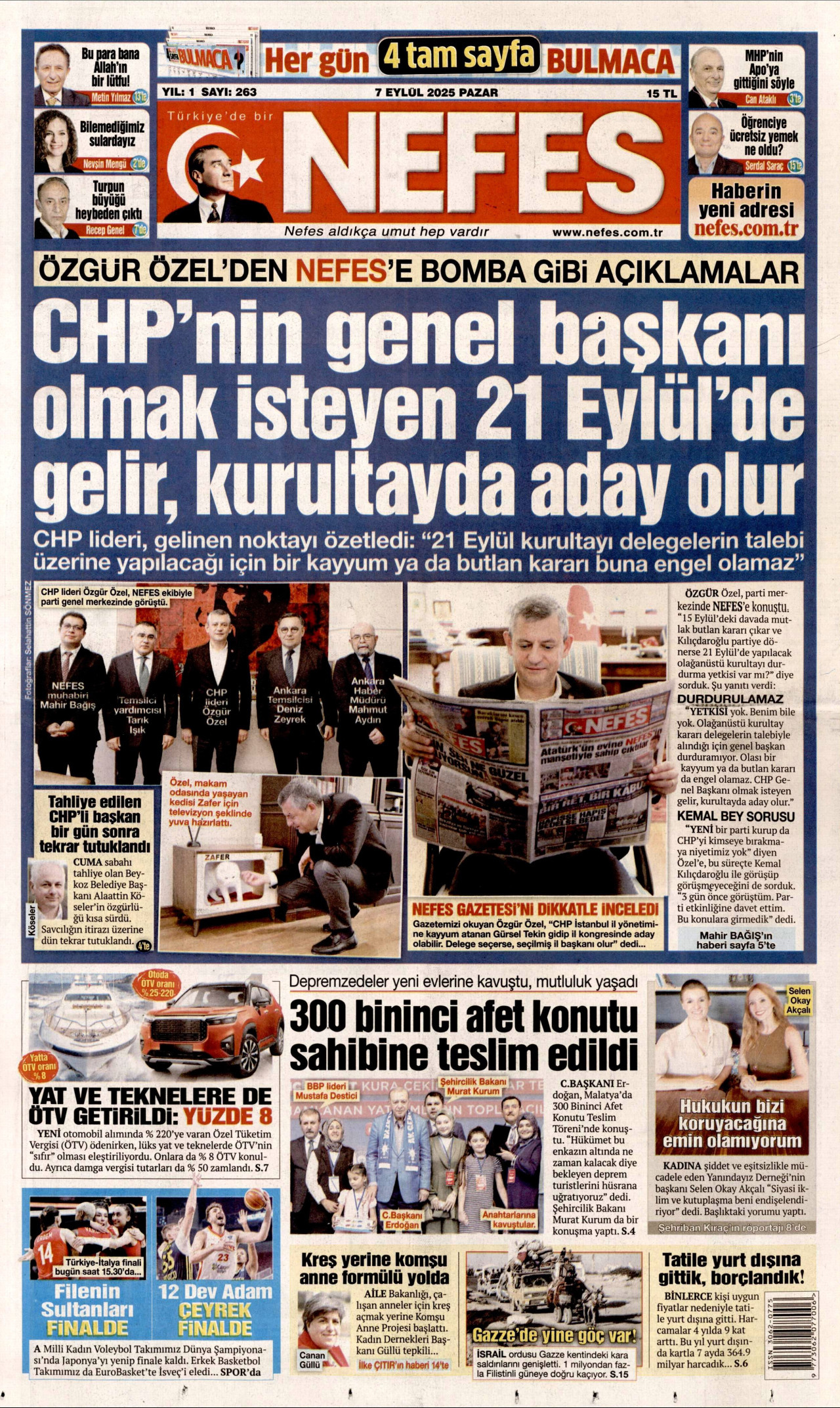 NEFES gazetesinin 7 Eylül 2025 tarihli birinci sayfası
