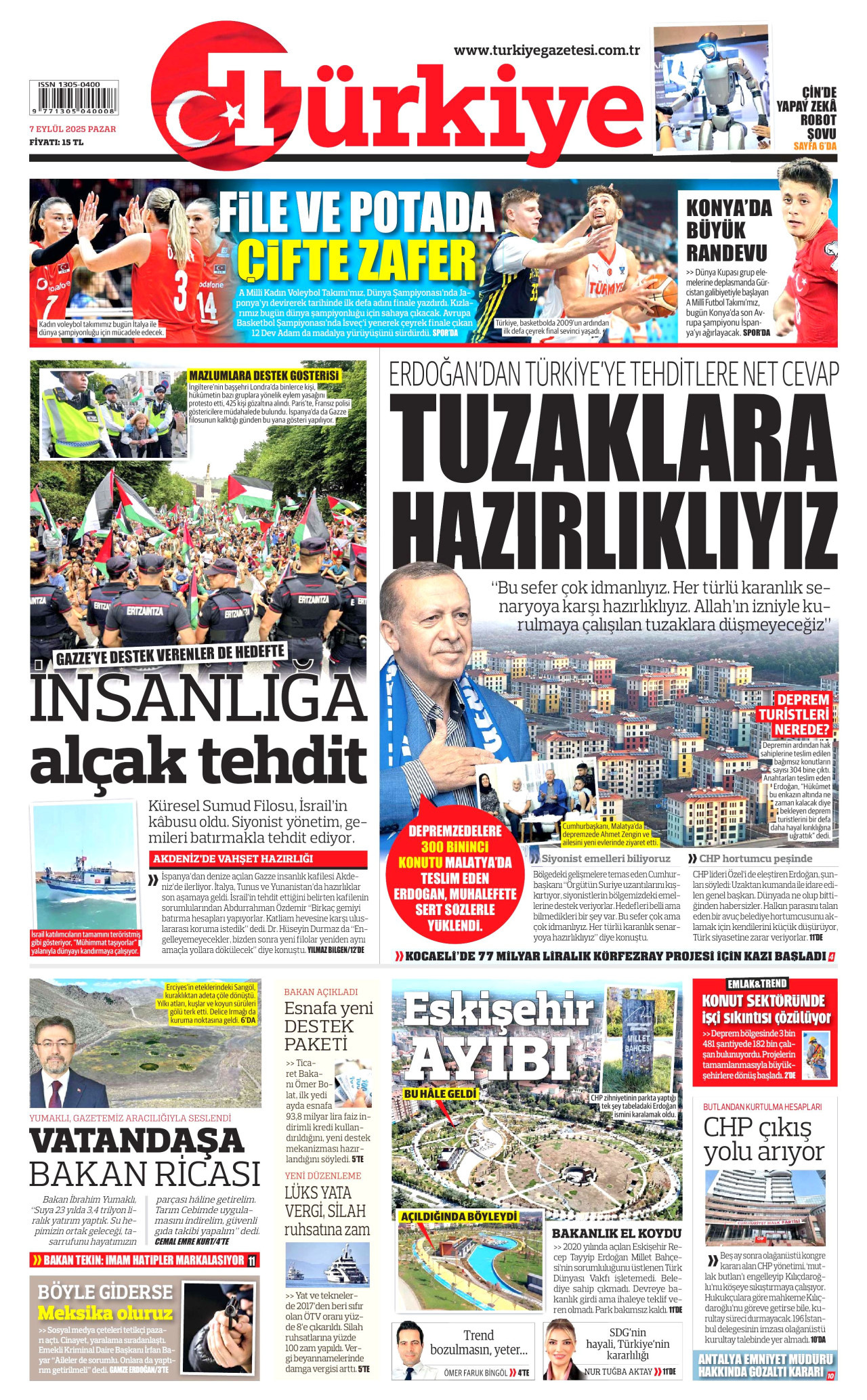 TÜRKİYE GAZETESİ gazetesinin 7 Eylül 2025 tarihli birinci sayfası