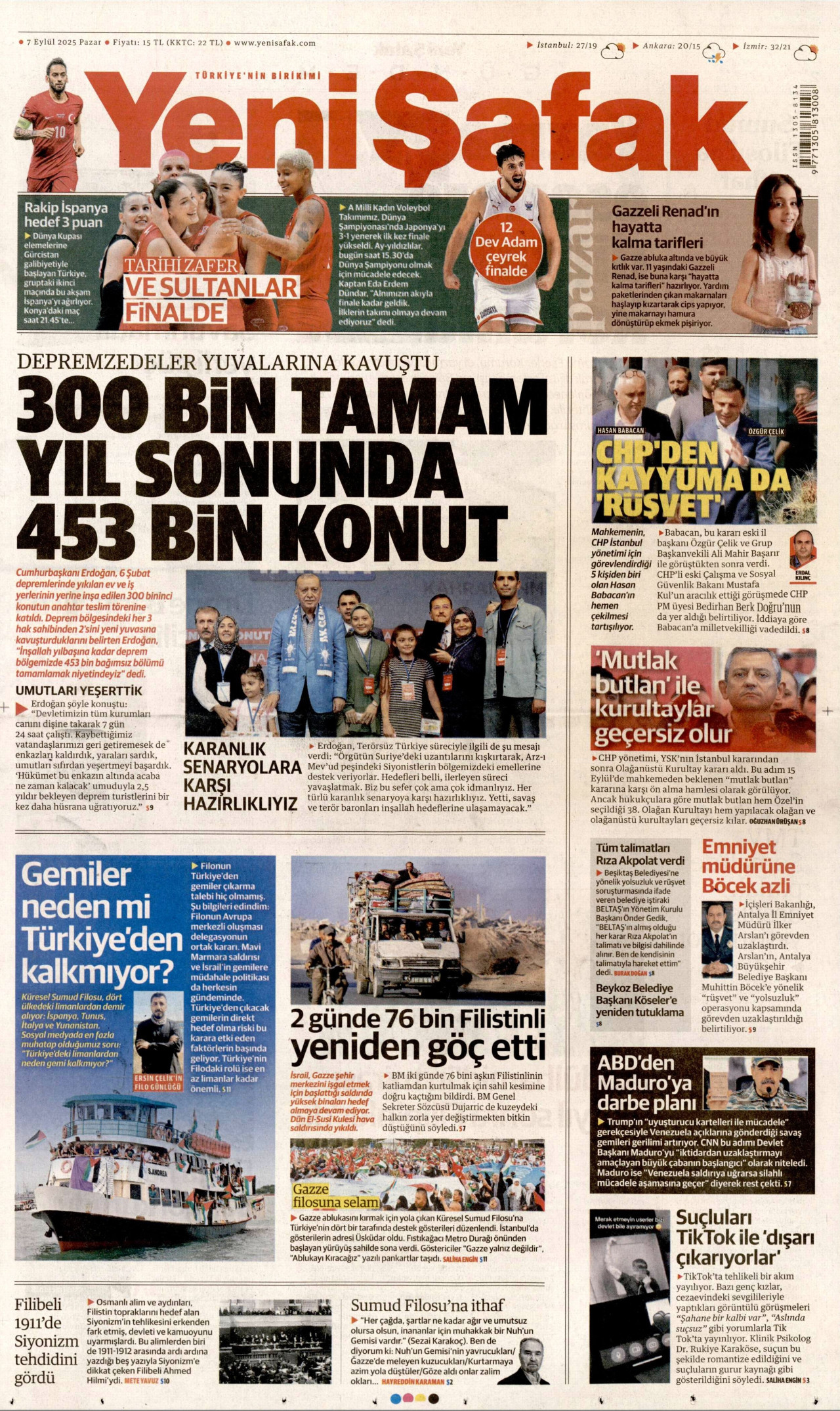 YENİ ŞAFAK gazetesinin 7 Eylül 2025 tarihli birinci sayfası