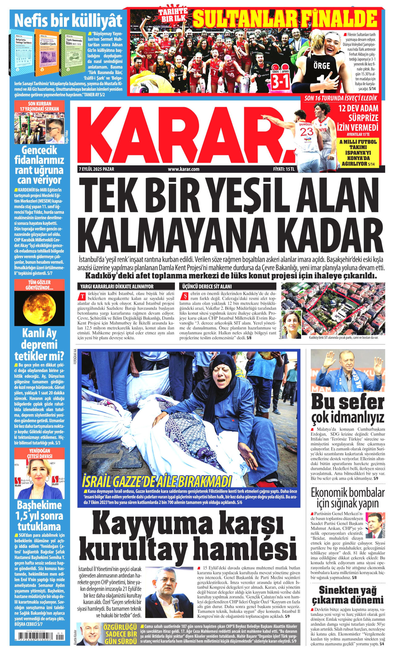 KARAR gazetesinin 7 Eylül 2025 tarihli birinci sayfası