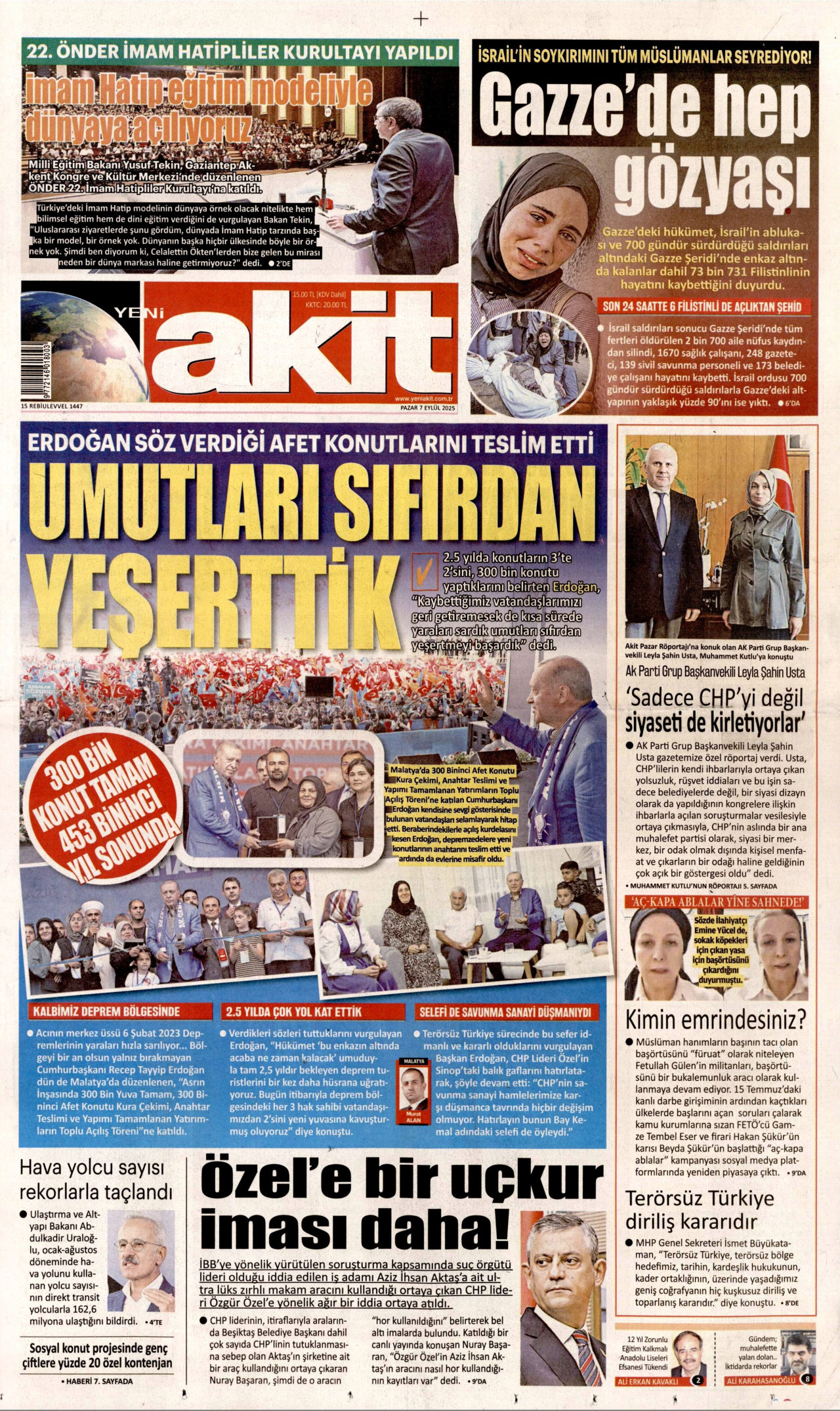 YENİ AKİT gazetesinin 7 Eylül 2025 tarihli birinci sayfası