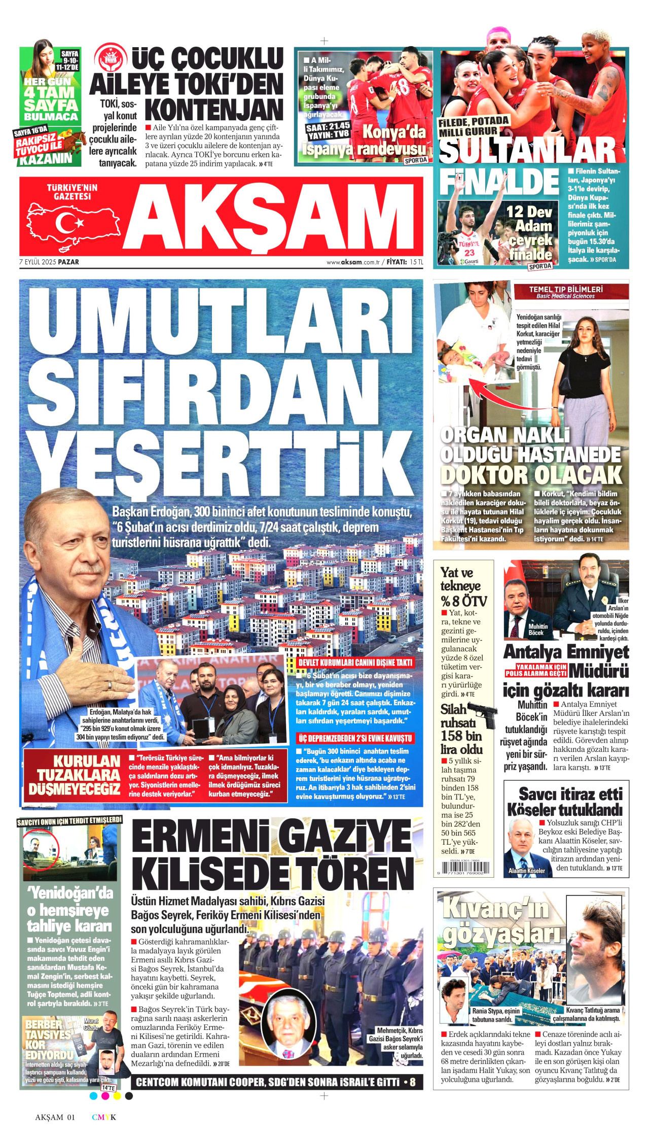 AKŞAM gazetesinin 7 Eylül 2025 tarihli birinci sayfası